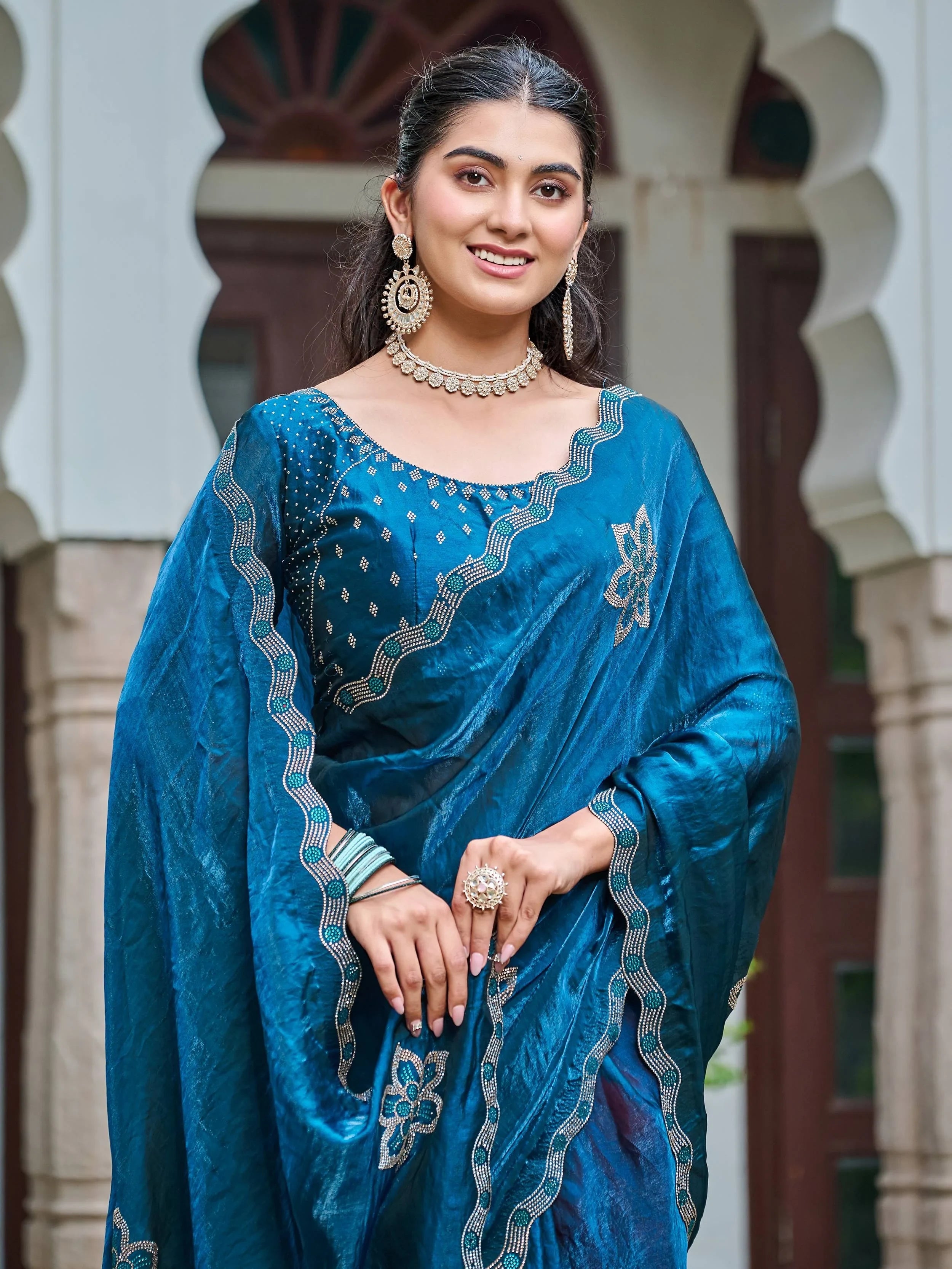 Teal Adorning Silk Diamond Work Event Wear Saree With Blouse