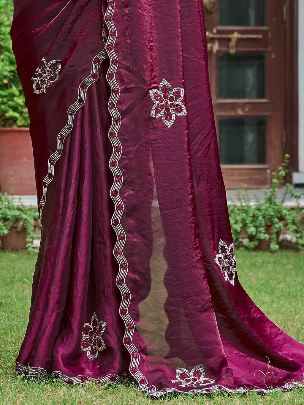 Wine Adorning Silk Diamond Work Event Wear Saree With Blouse