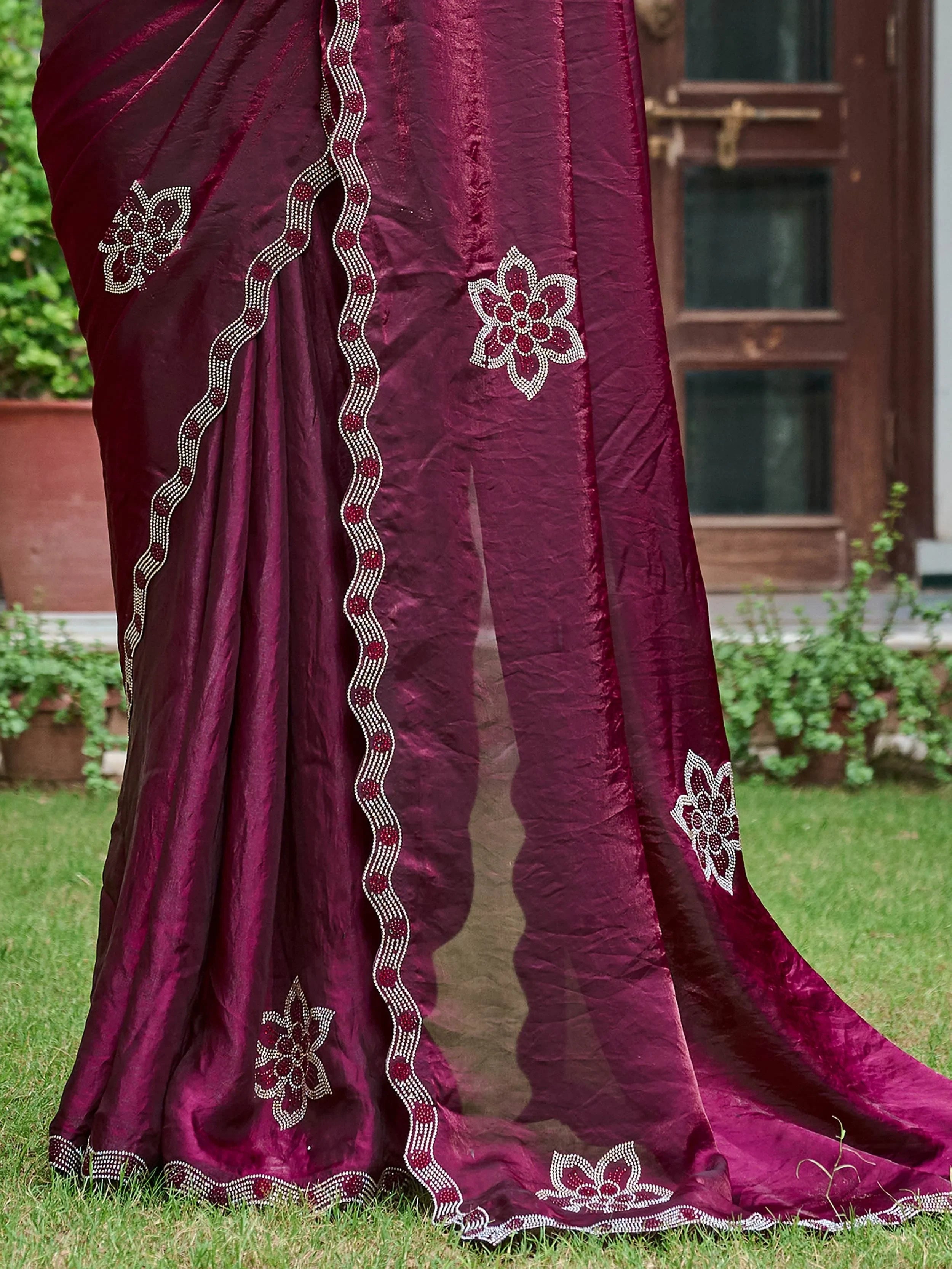 Wine Adorning Silk Diamond Work Event Wear Saree With Blouse