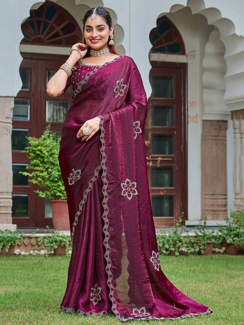 Wine Adorning Silk Diamond Work Event Wear Saree With Blouse