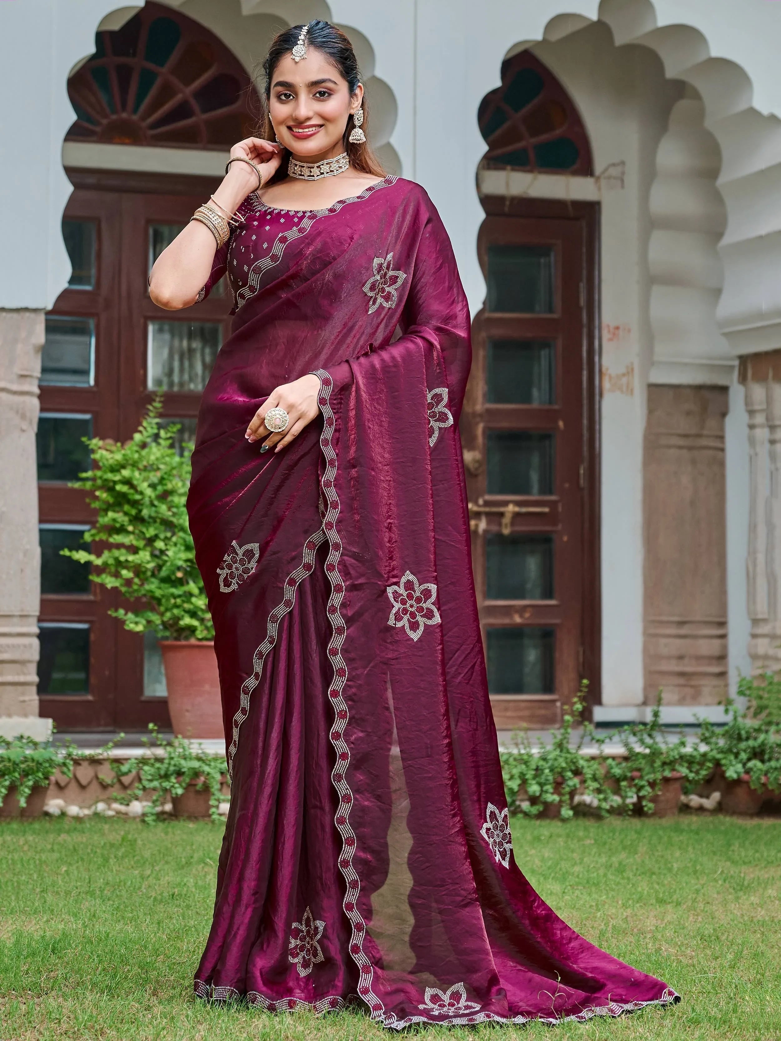 Wine Adorning Silk Diamond Work Event Wear Saree With Blouse