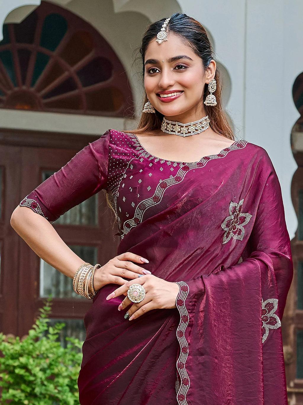 Wine Adorning Silk Diamond Work Event Wear Saree With Blouse