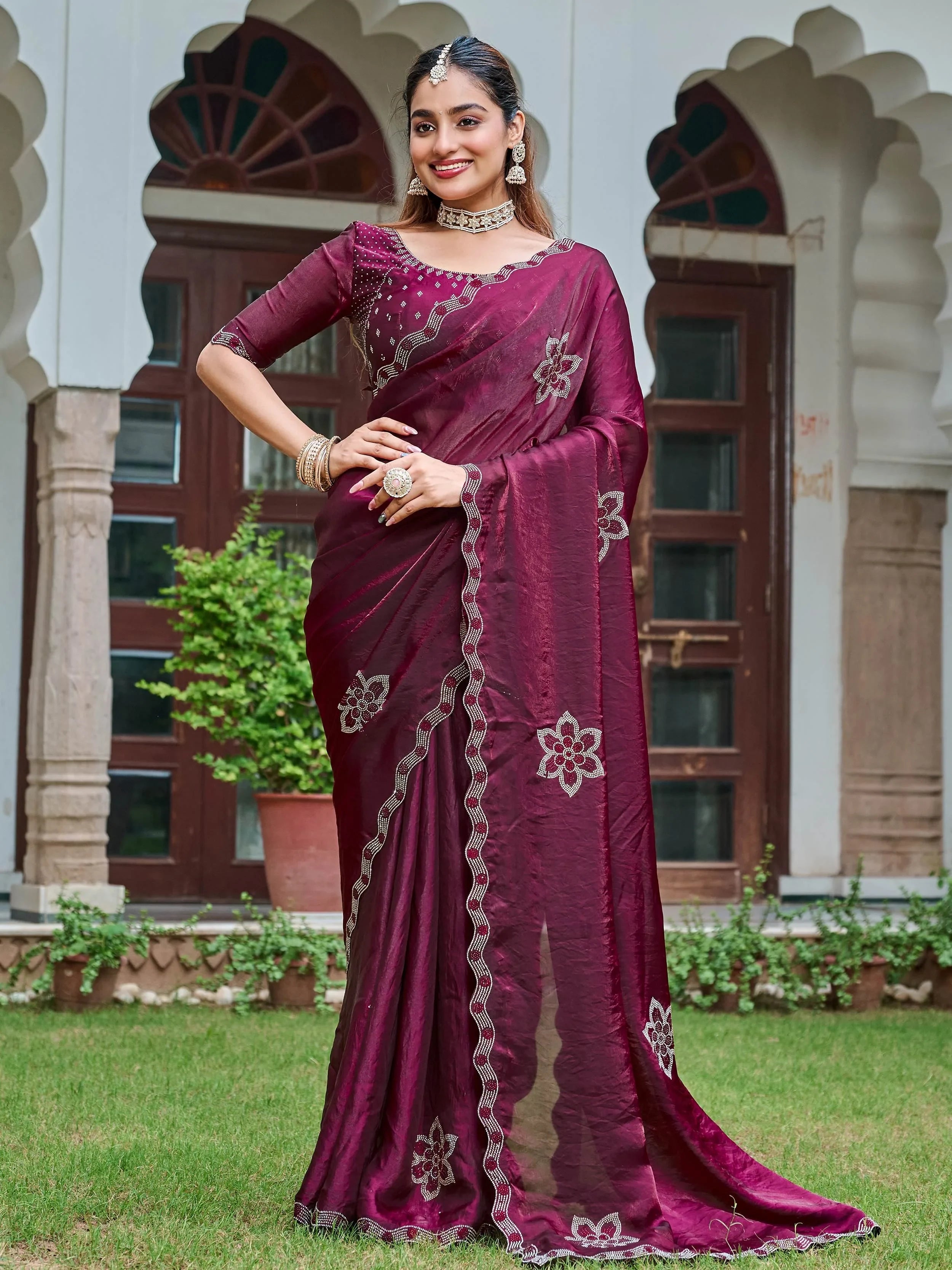 Wine Adorning Silk Diamond Work Event Wear Saree With Blouse