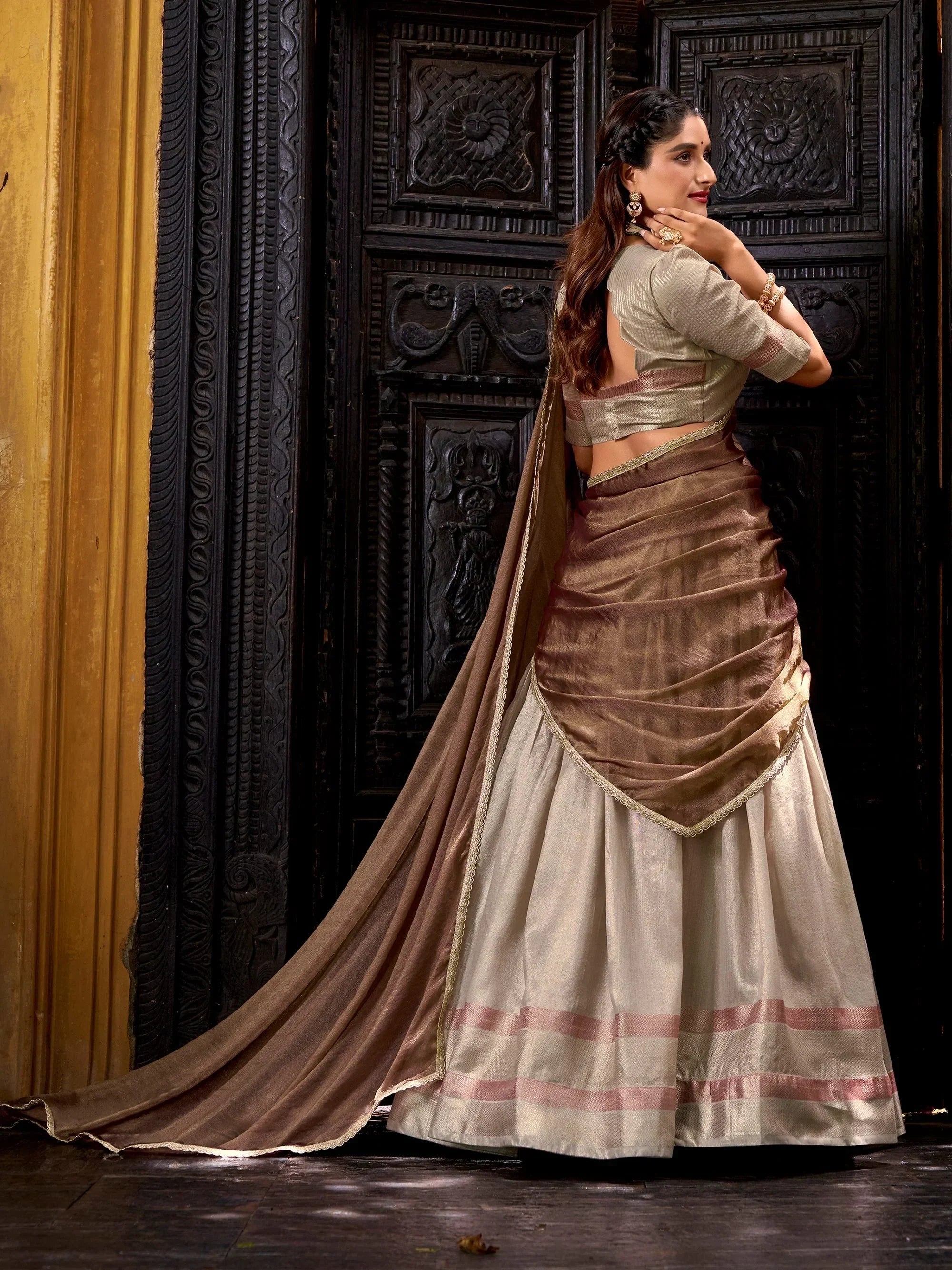 Cream Charming Zari Weaving Silk Half Saree Lehenga Choli