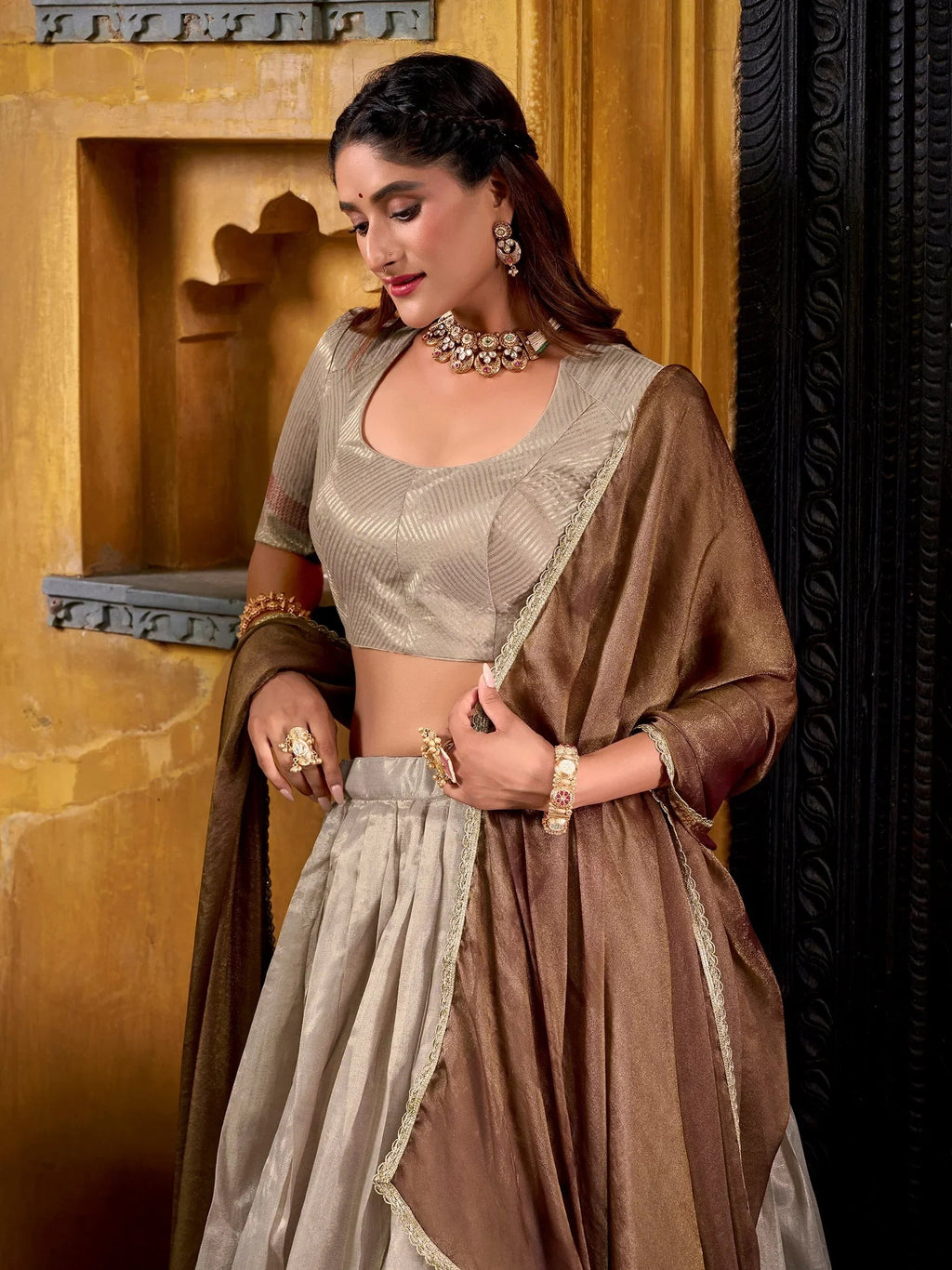 Cream Charming Zari Weaving Silk Half Saree Lehenga Choli