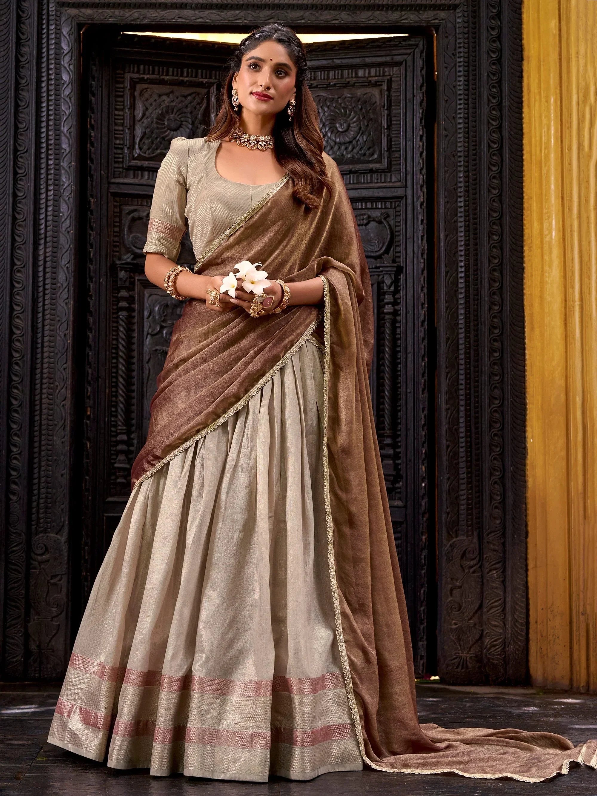Cream Charming Zari Weaving Silk Half Saree Lehenga Choli