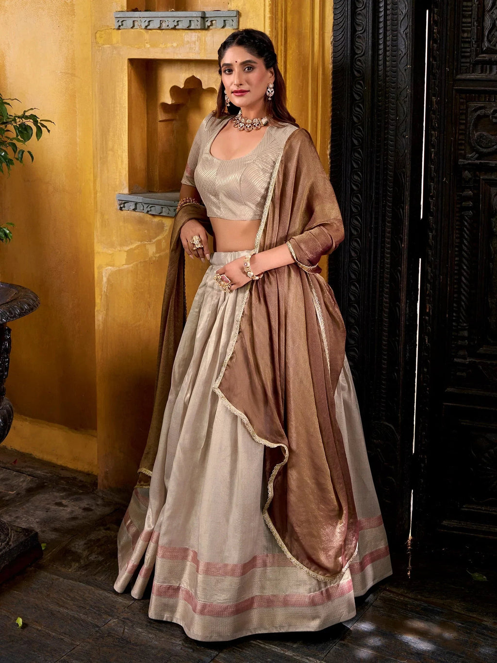 Cream Charming Zari Weaving Silk Half Saree Lehenga Choli