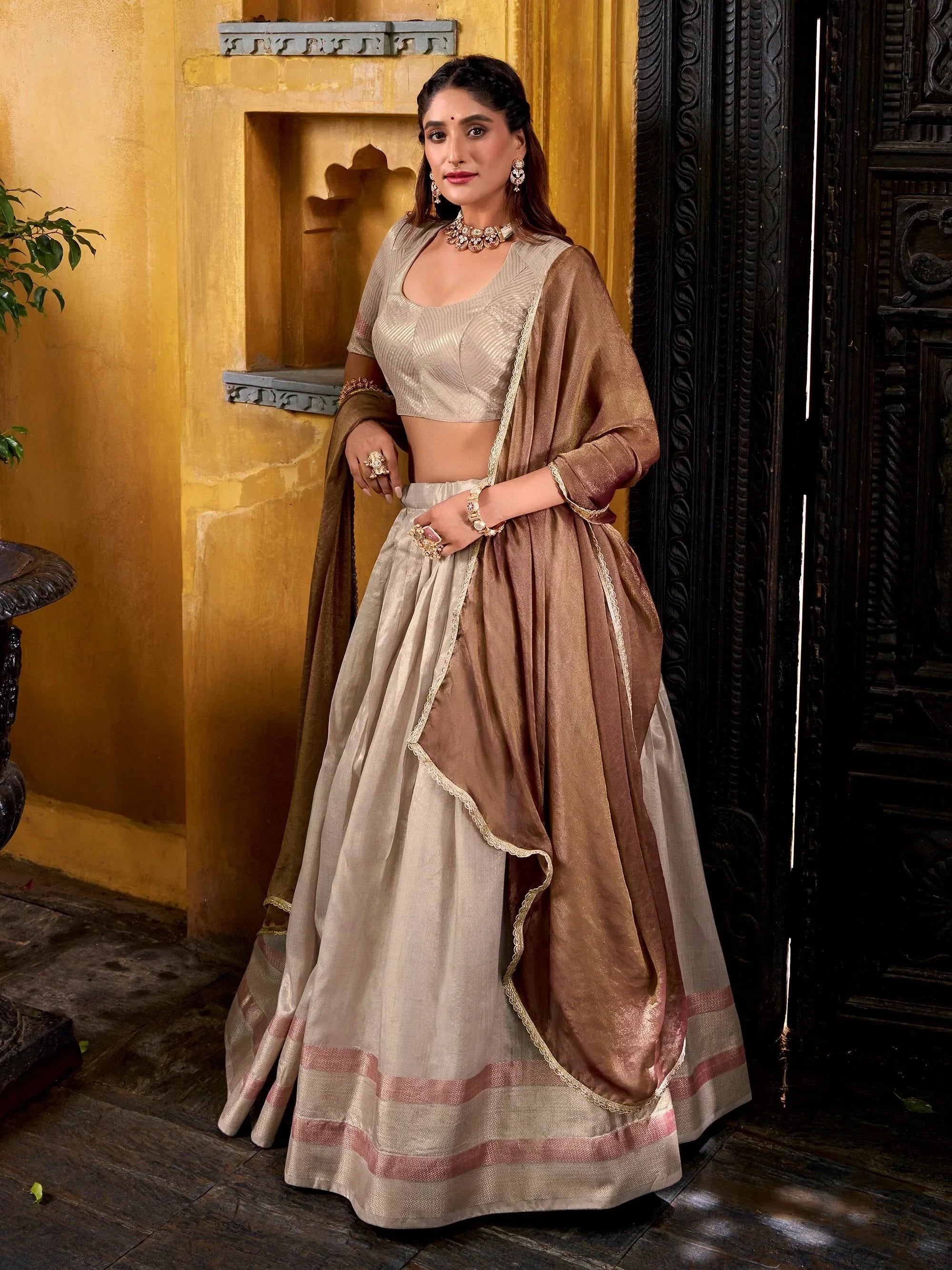 Cream Charming Zari Weaving Silk Half Saree Lehenga Choli