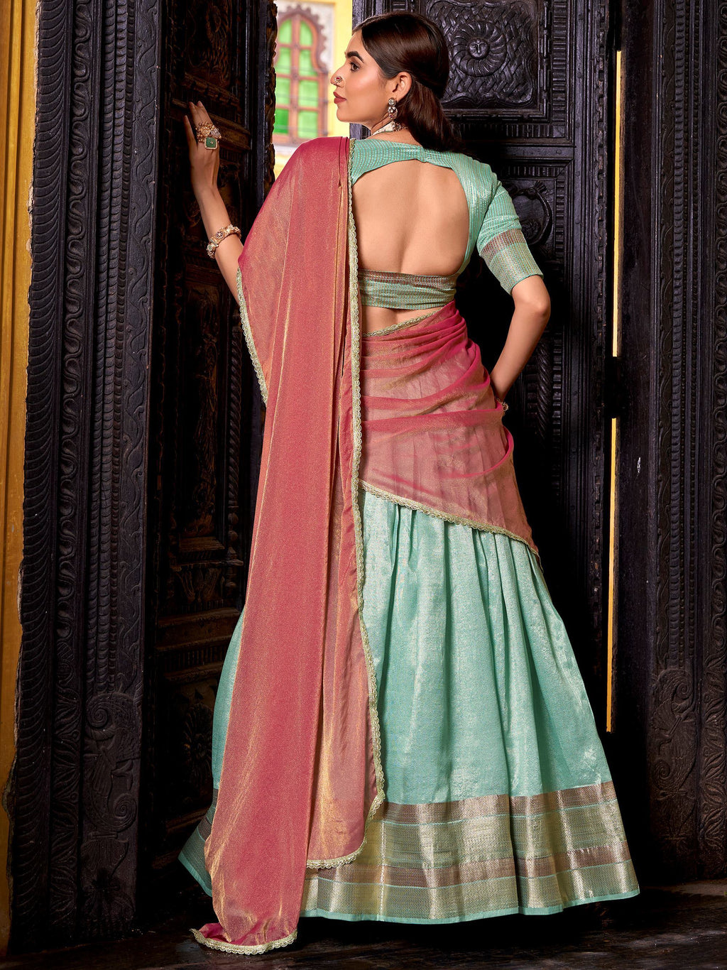Sky Blue Charming Zari Weaving Silk Half Saree Lehenga Choli