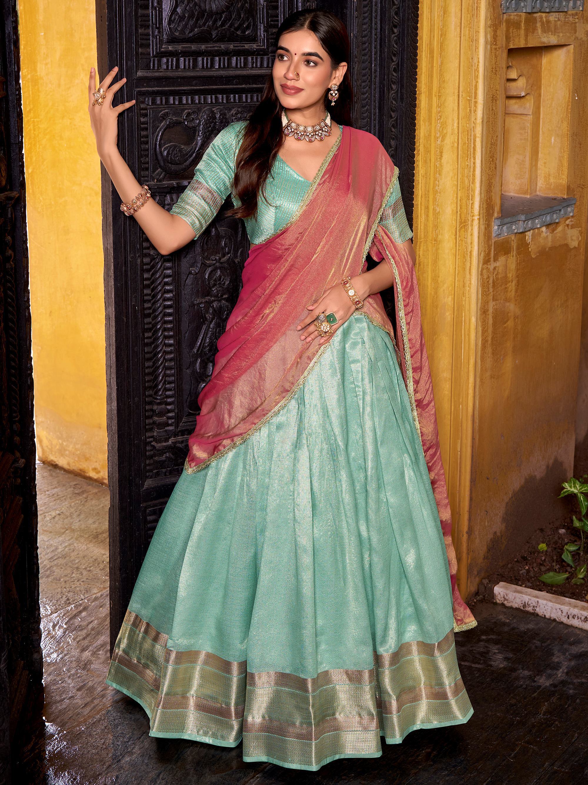 Sky Blue Charming Zari Weaving Silk Half Saree Lehenga Choli