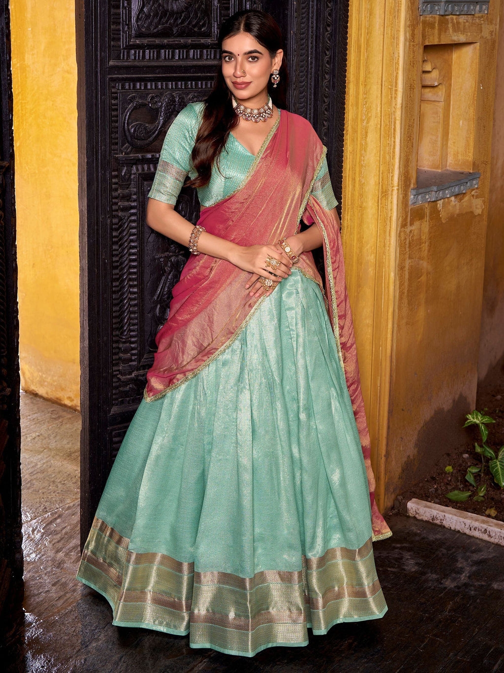 Sky Blue Charming Zari Weaving Silk Half Saree Lehenga Choli