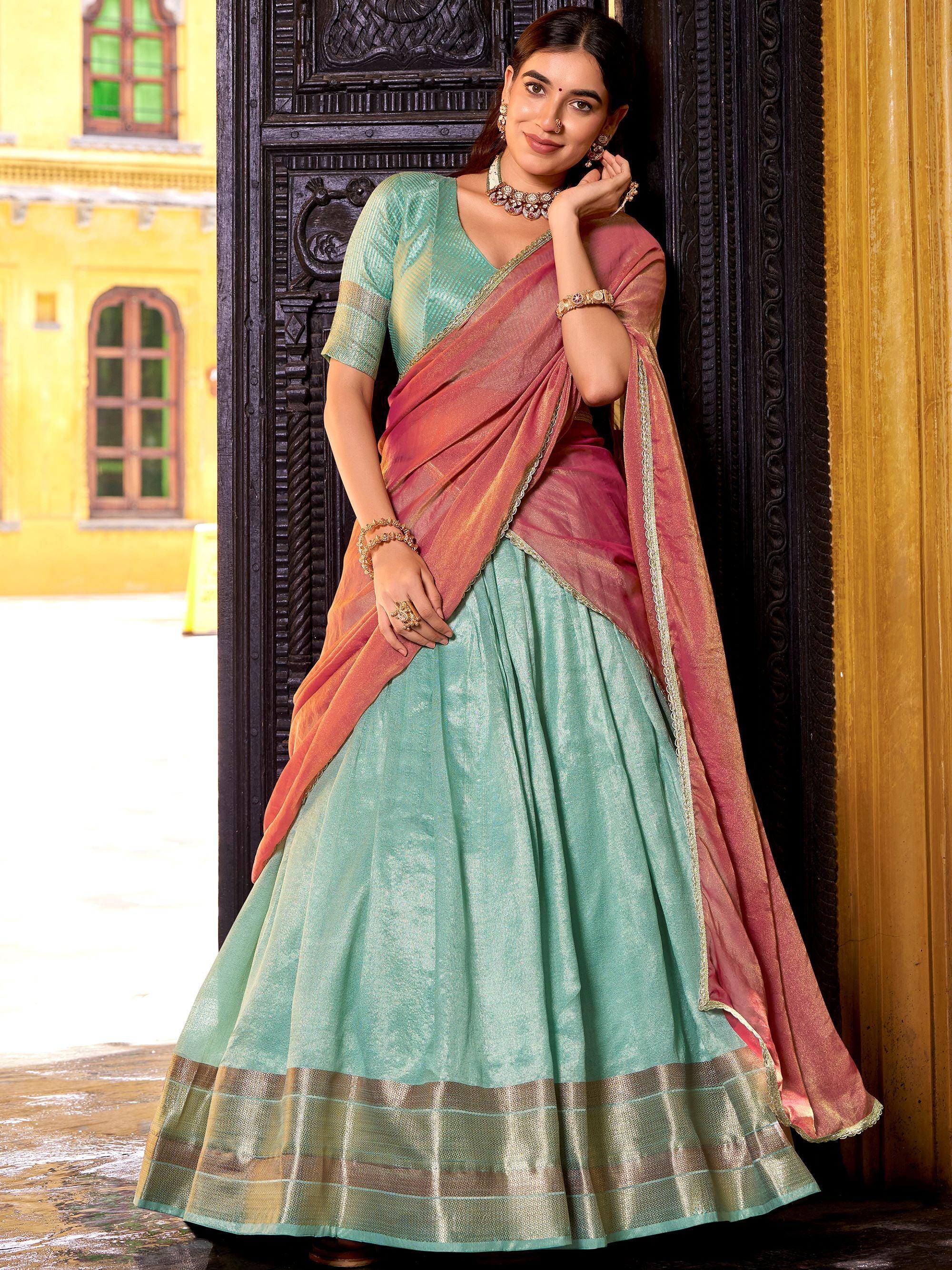 Sky Blue Charming Zari Weaving Silk Half Saree Lehenga Choli