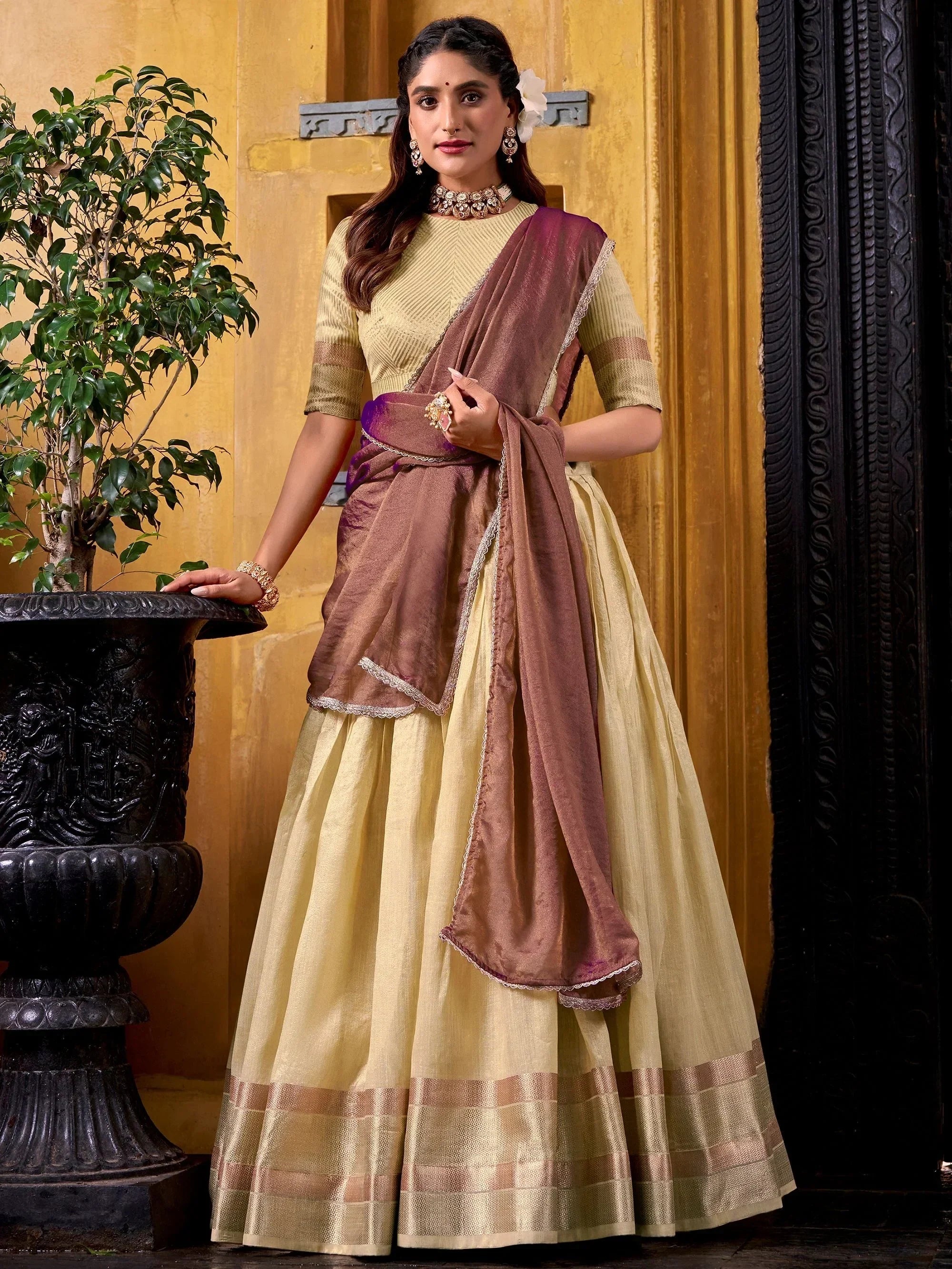 Yellow Charming Zari Weaving Silk Half Saree Lehenga Choli