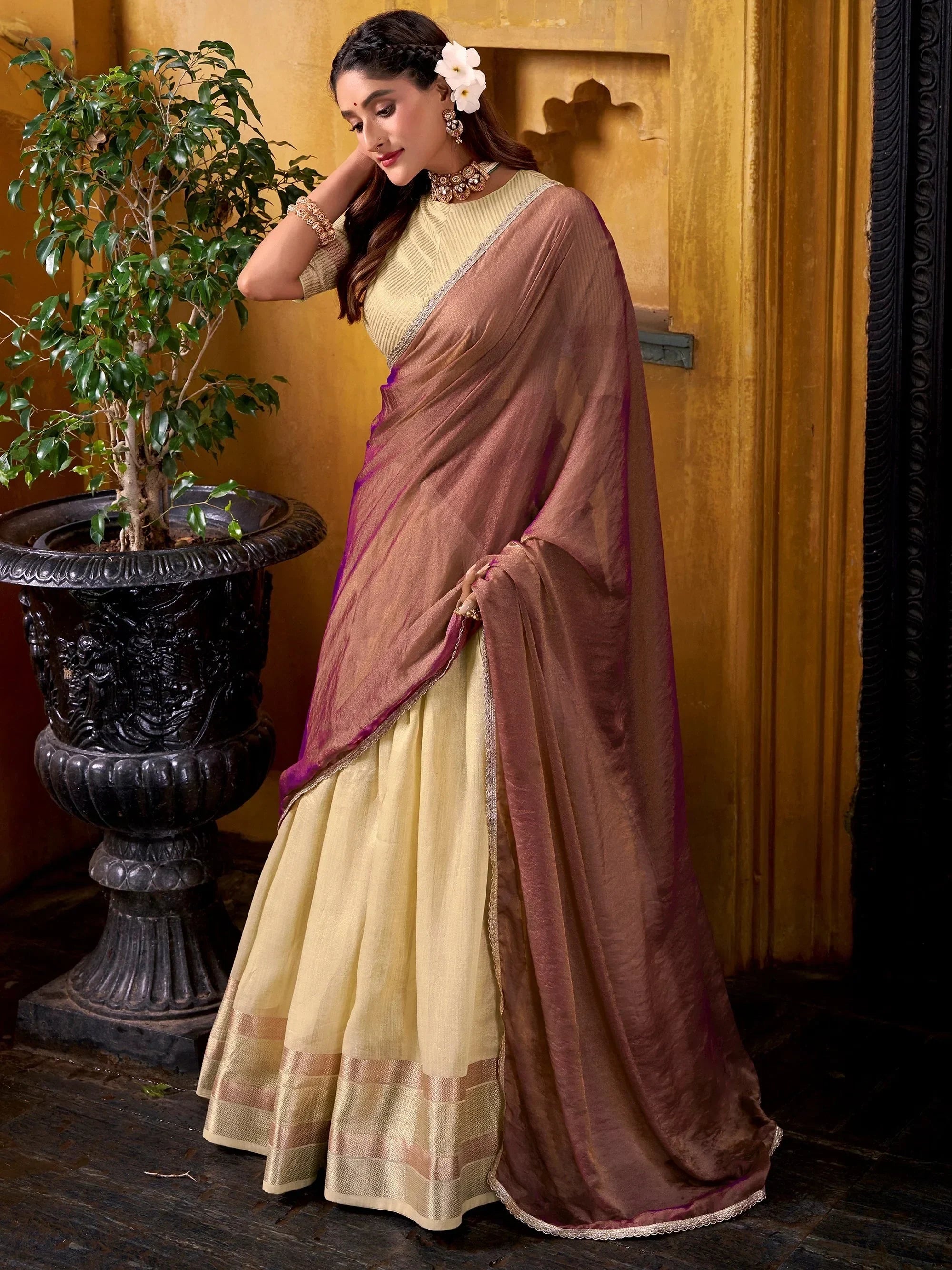 Yellow Charming Zari Weaving Silk Half Saree Lehenga Choli