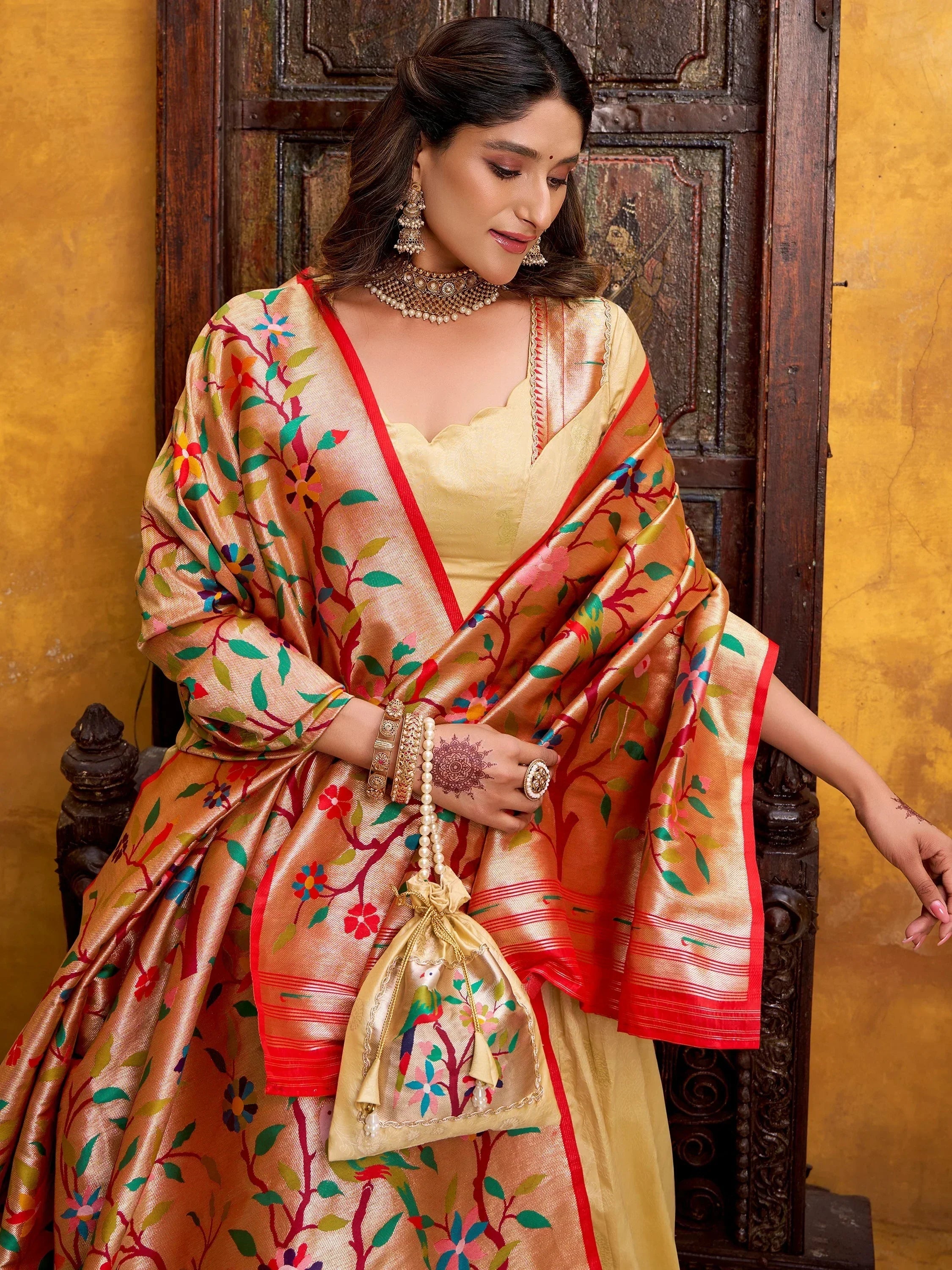 Cream Beautiful Zari Weaving Silk Festival Wear Lehenga Choli
