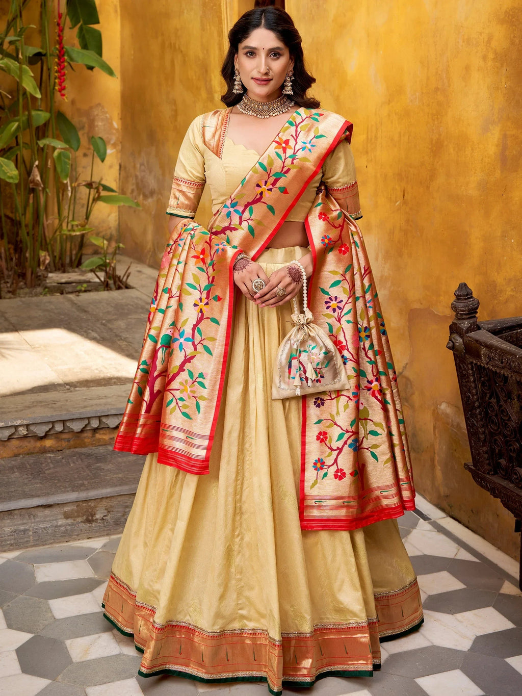 Cream Beautiful Zari Weaving Silk Festival Wear Lehenga Choli