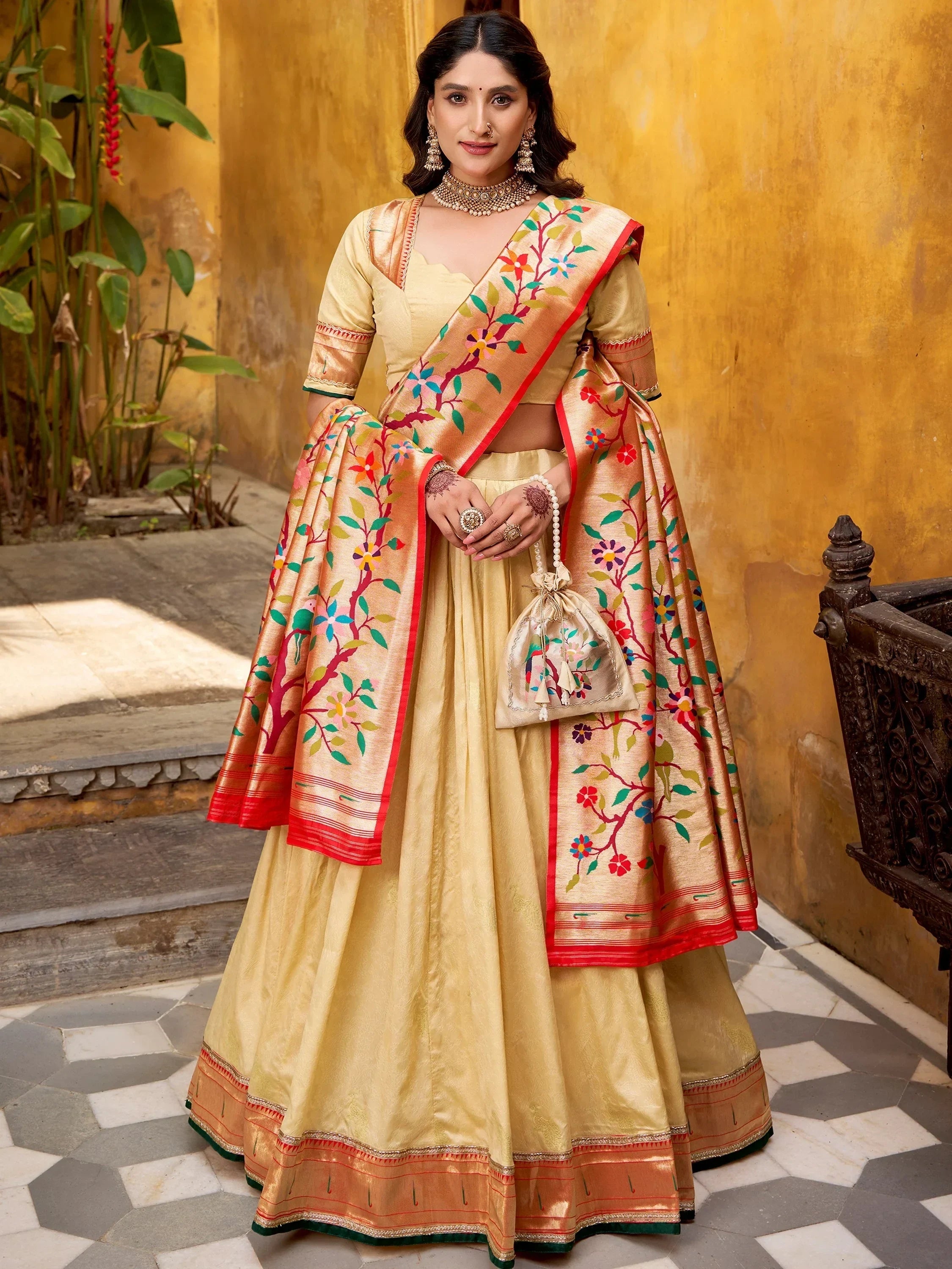 Cream Beautiful Zari Weaving Silk Festival Wear Lehenga Choli