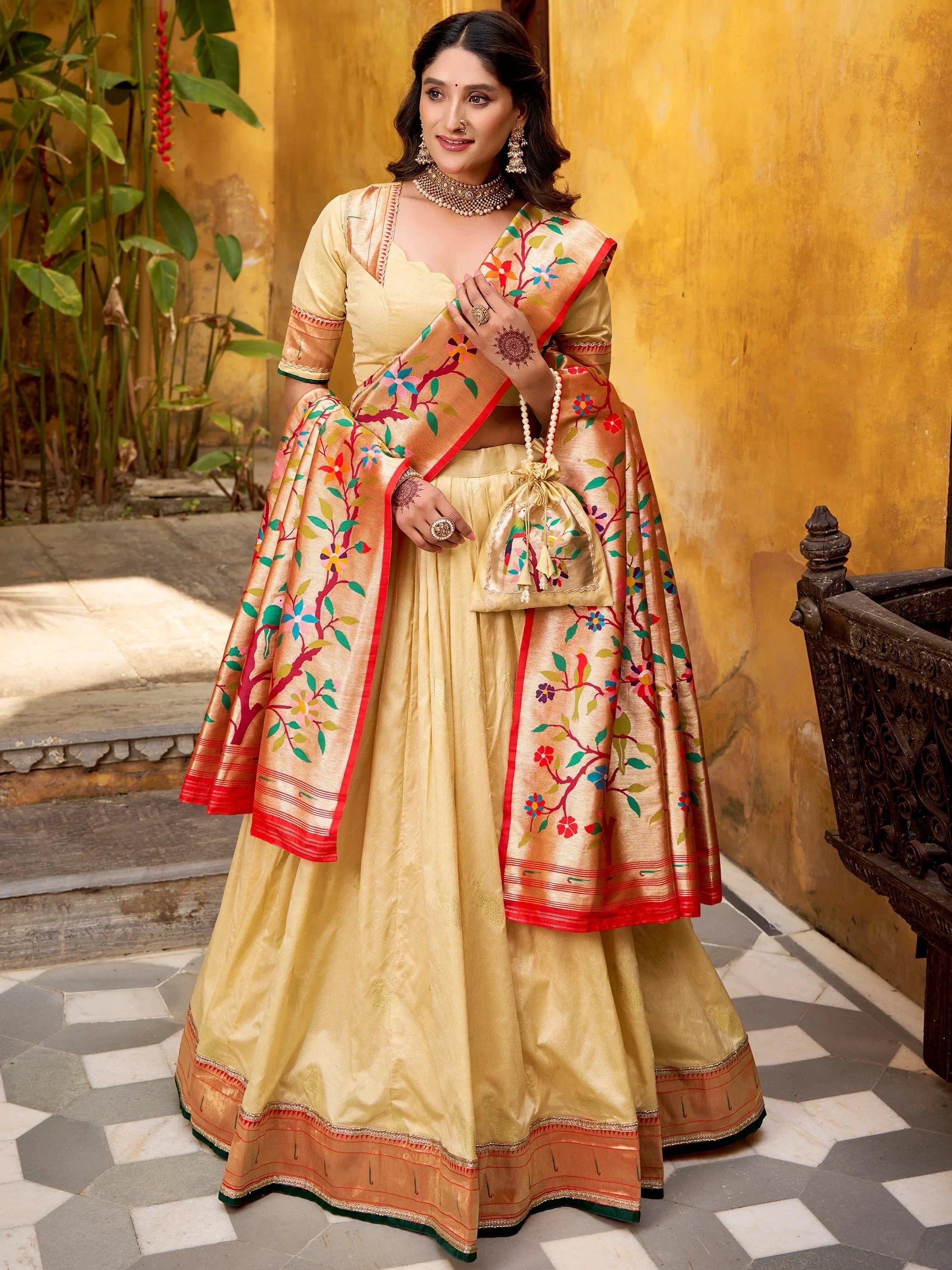 Cream Beautiful Zari Weaving Silk Festival Wear Lehenga Choli
