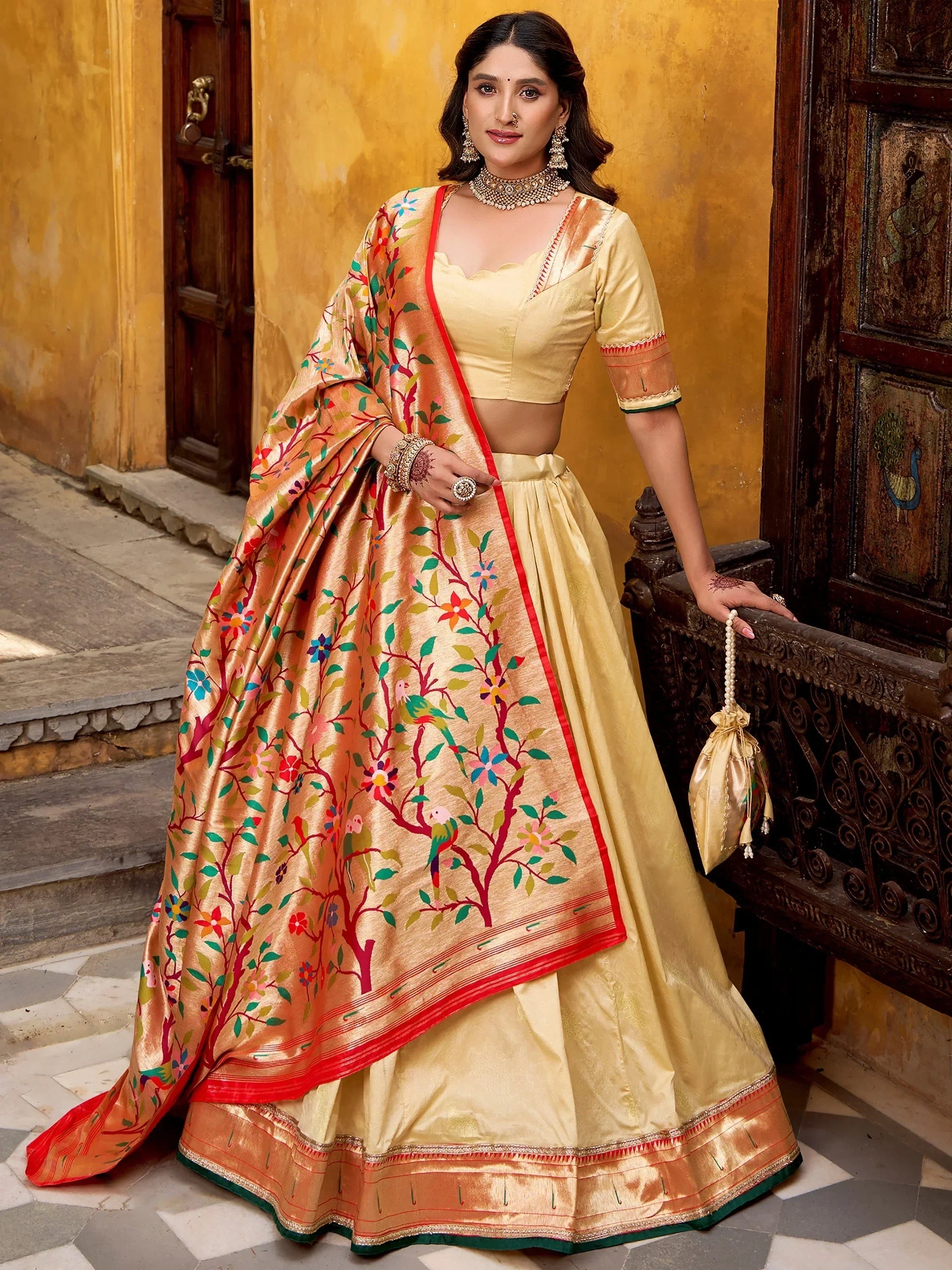 Cream Beautiful Zari Weaving Silk Festival Wear Lehenga Choli