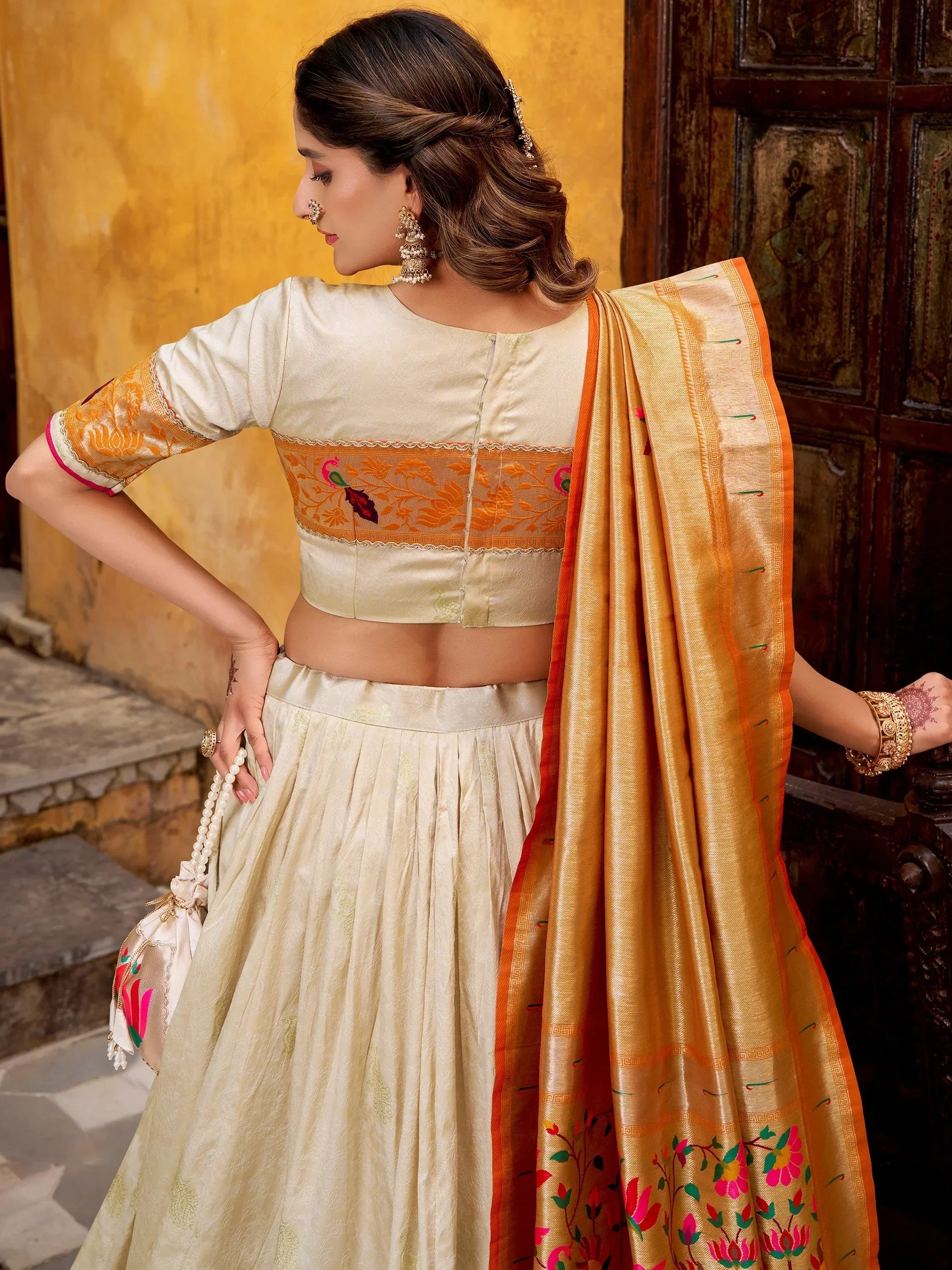 Off White Beautiful Zari Weaving Silk Festival Wear Lehenga Choli