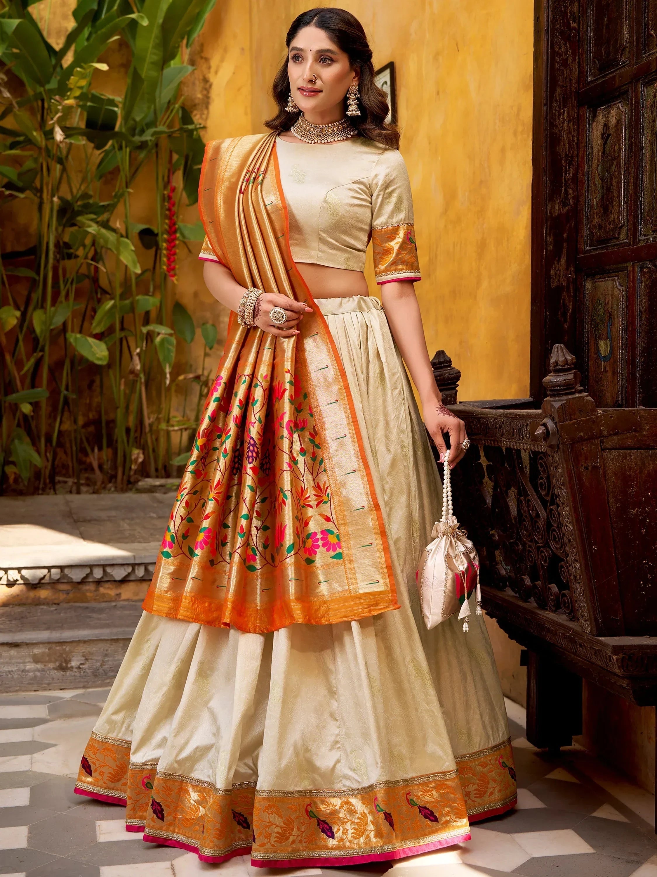 Off White Beautiful Zari Weaving Silk Festival Wear Lehenga Choli
