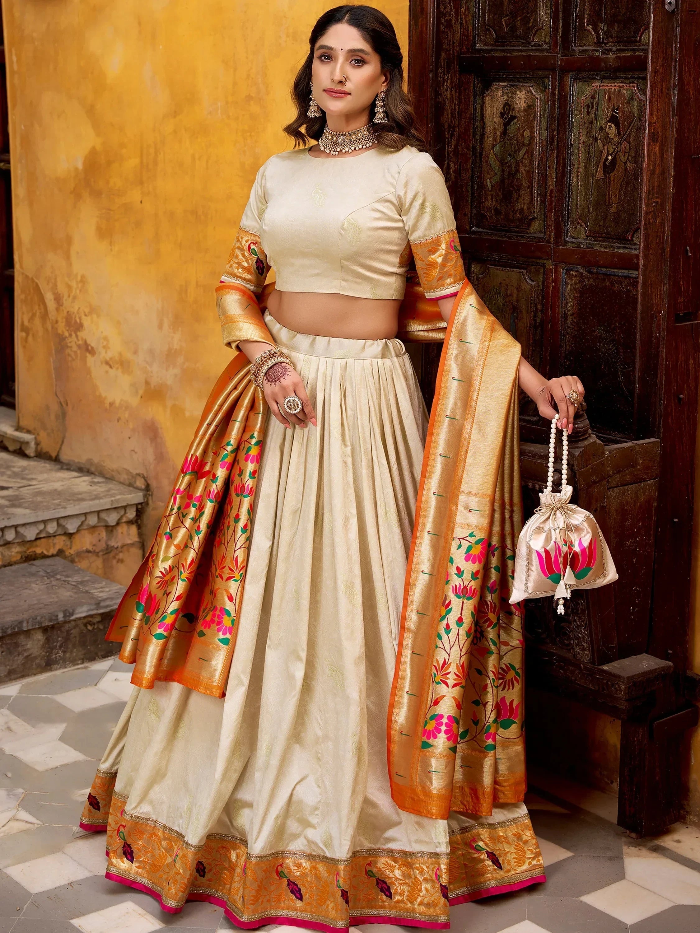 Off White Beautiful Zari Weaving Silk Festival Wear Lehenga Choli