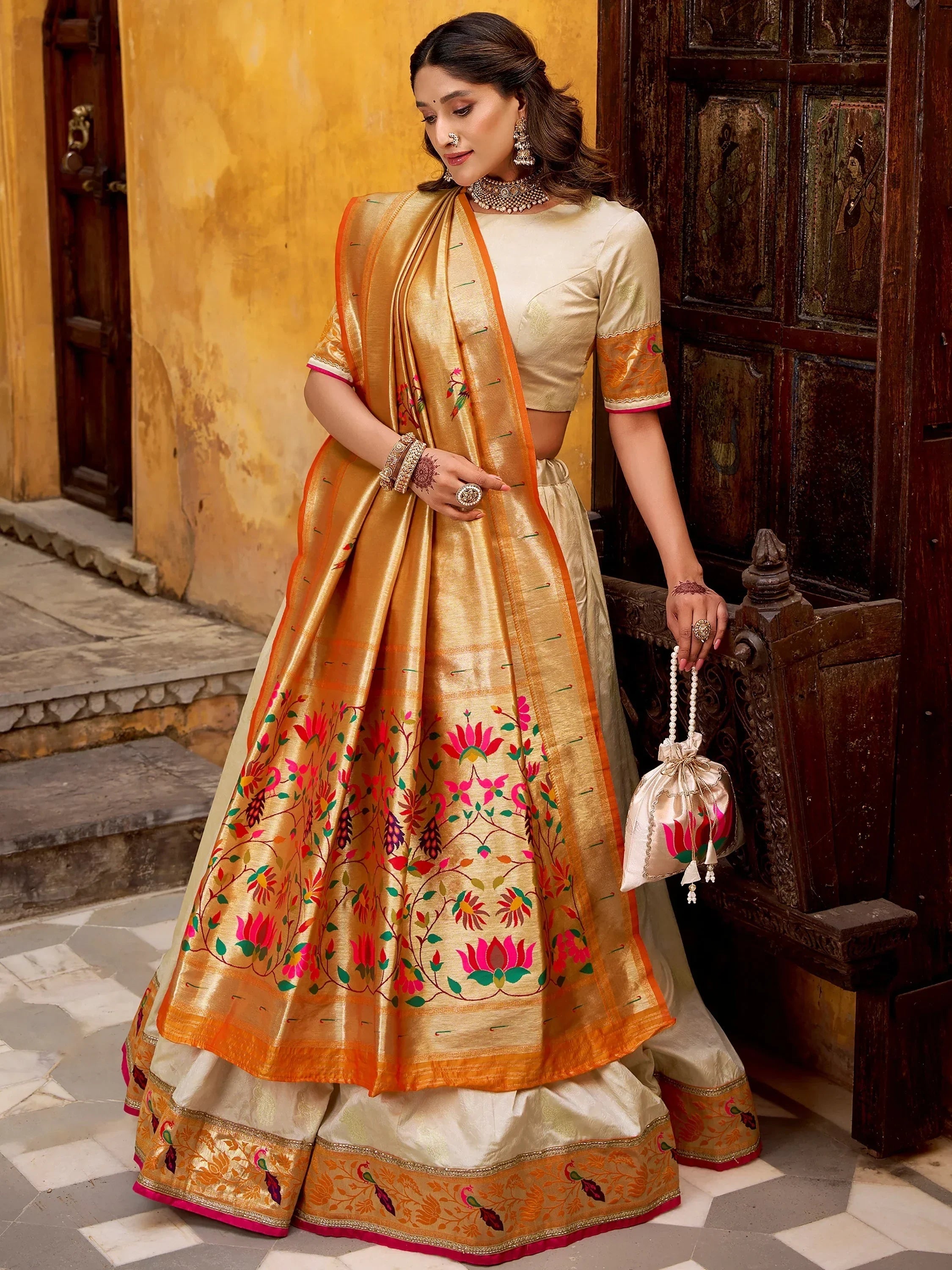 Off White Beautiful Zari Weaving Silk Festival Wear Lehenga Choli
