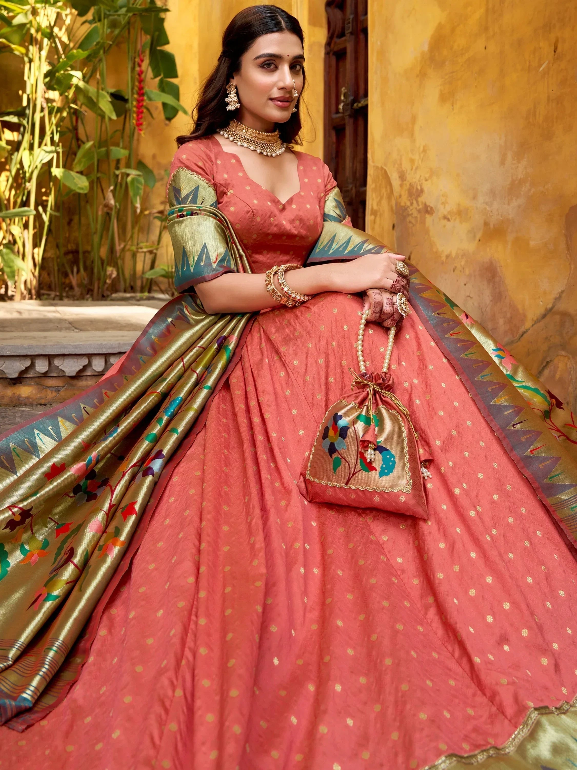Peach Beautiful Zari Weaving Silk Festival Wear Lehenga Choli
