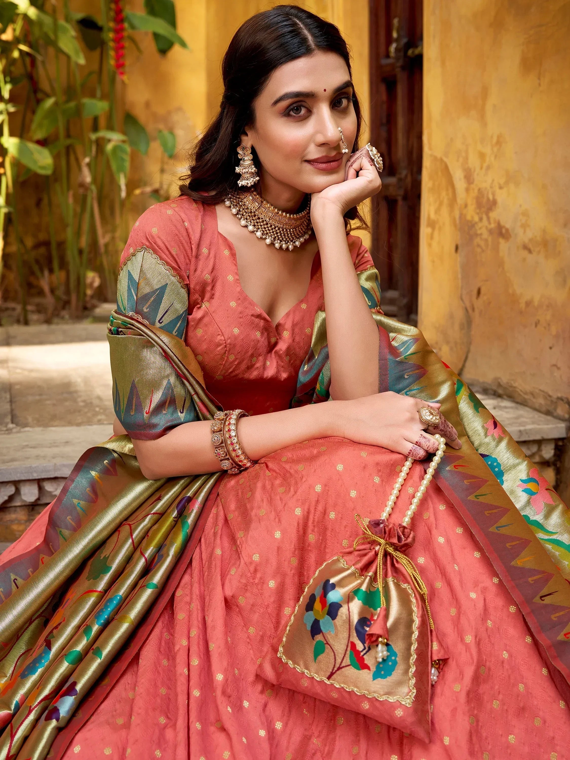 Peach Beautiful Zari Weaving Silk Festival Wear Lehenga Choli