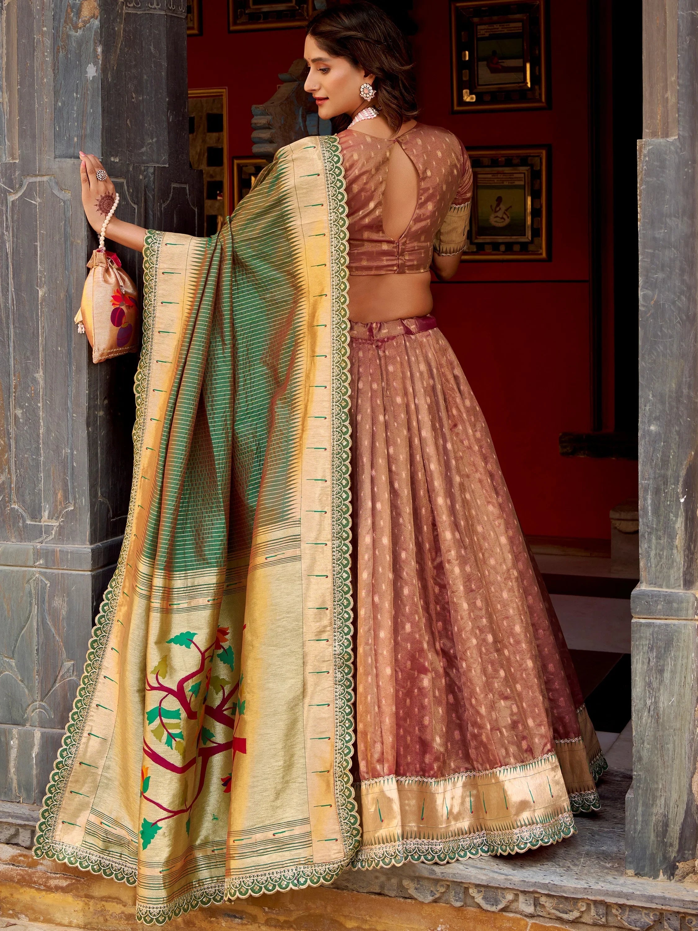Brown Beautiful Zari Weaving Silk Traditional Lehenga Choli With Dupatta