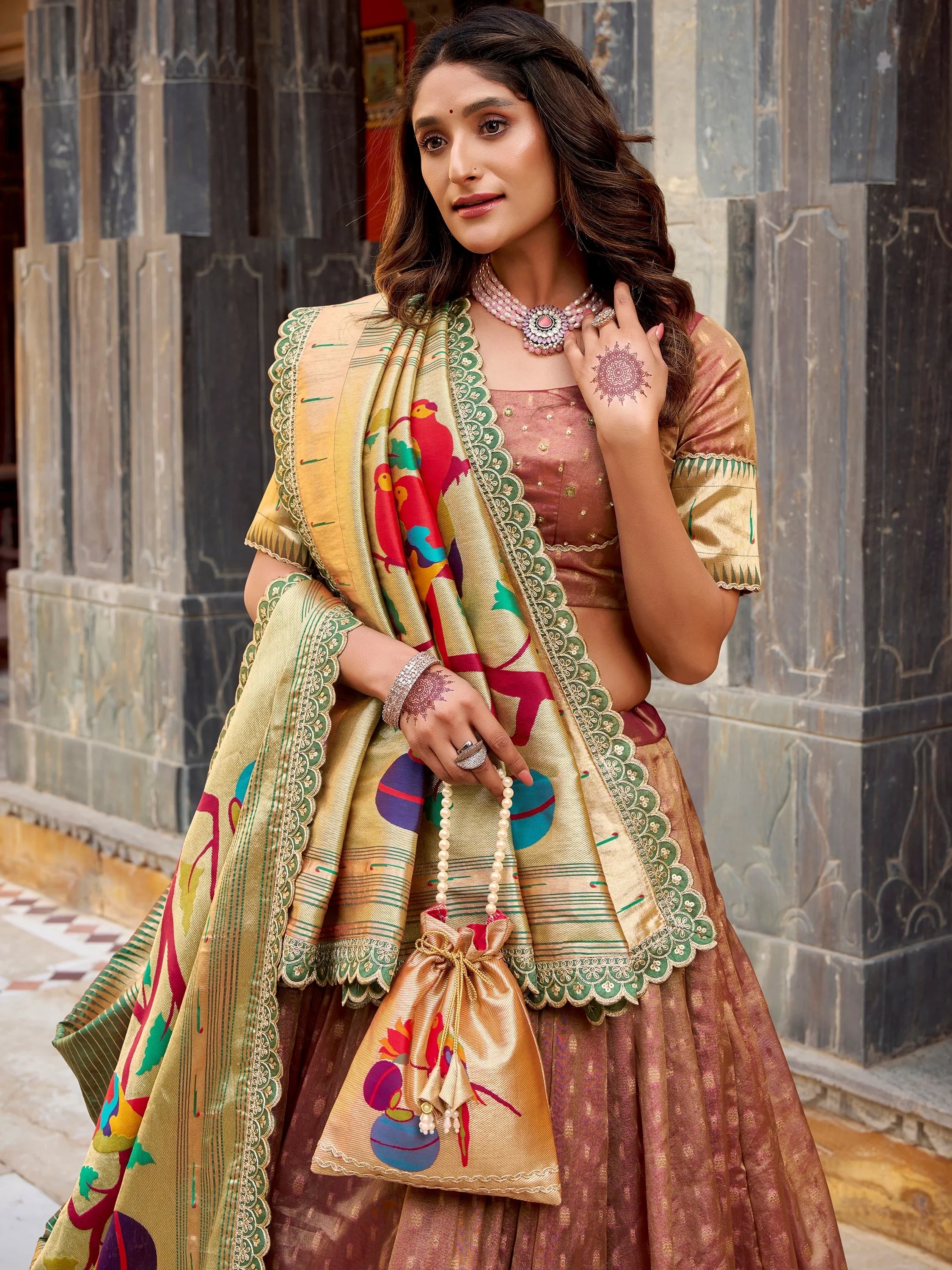 Brown Beautiful Zari Weaving Silk Traditional Lehenga Choli With Dupatta
