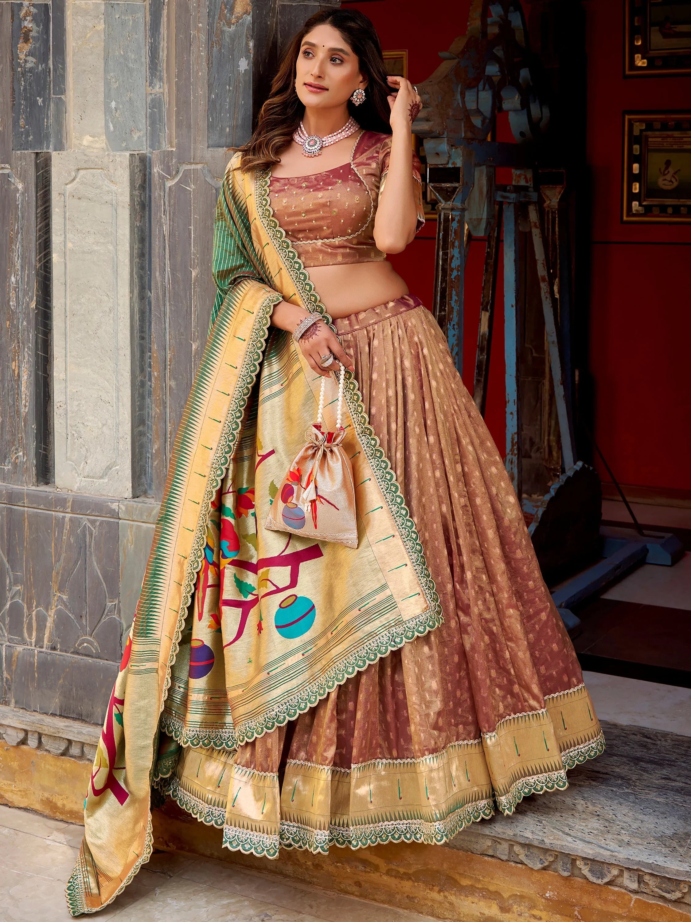 Brown Beautiful Zari Weaving Silk Traditional Lehenga Choli With Dupatta