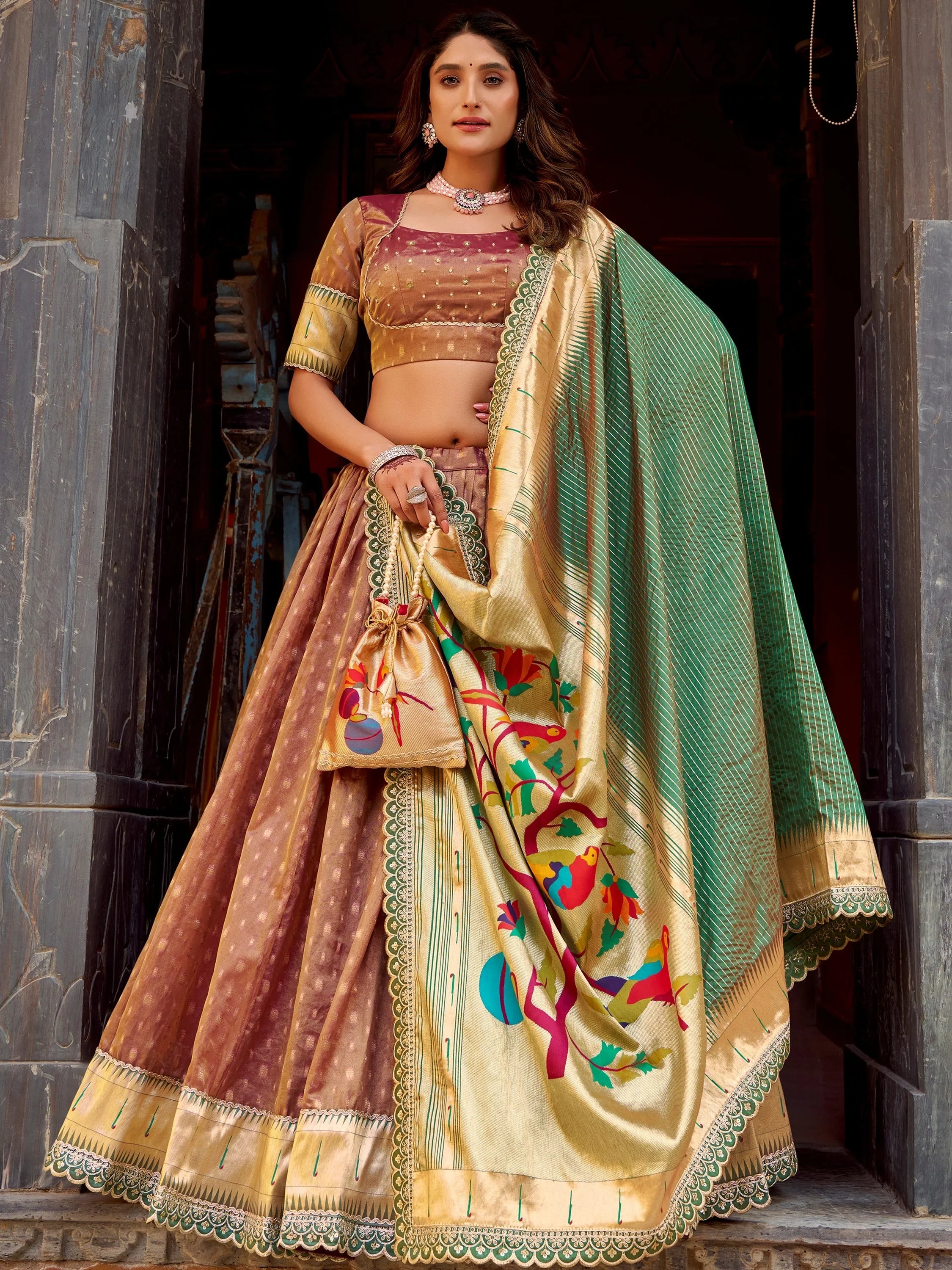 Brown Beautiful Zari Weaving Silk Traditional Lehenga Choli With Dupatta