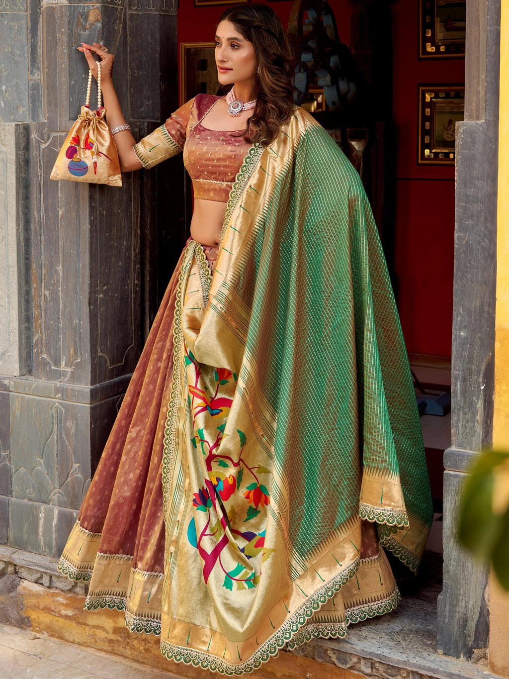 Brown Beautiful Zari Weaving Silk Traditional Lehenga Choli With Dupatta