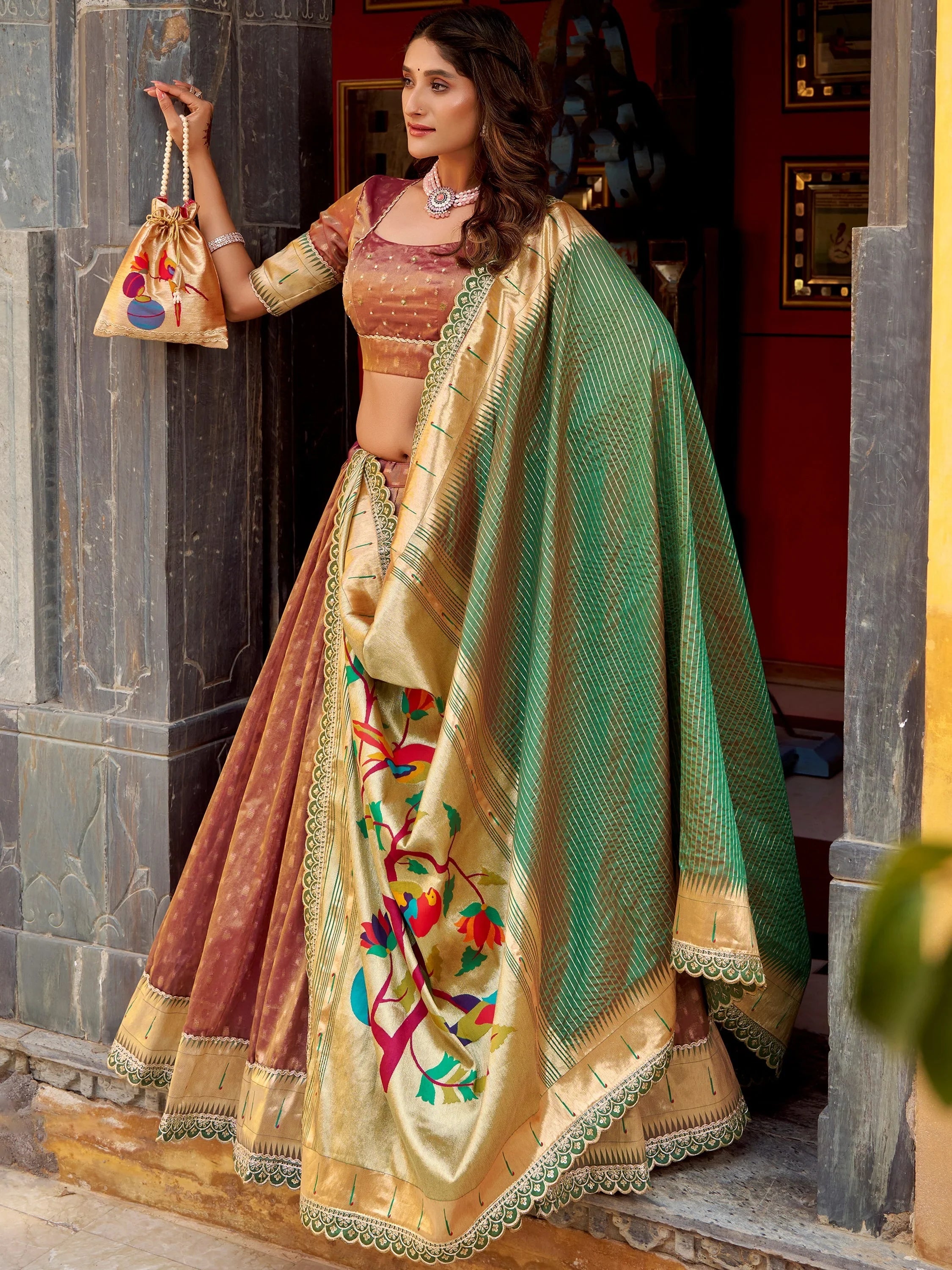 Brown Beautiful Zari Weaving Silk Traditional Lehenga Choli With Dupatta