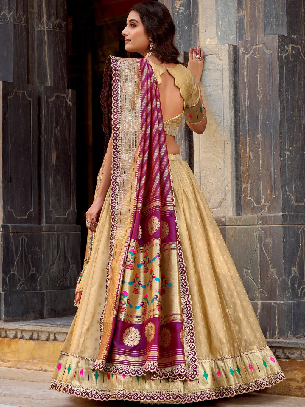 Cream Beautiful Zari Weaving Silk Traditional Lehenga Choli With Dupatta