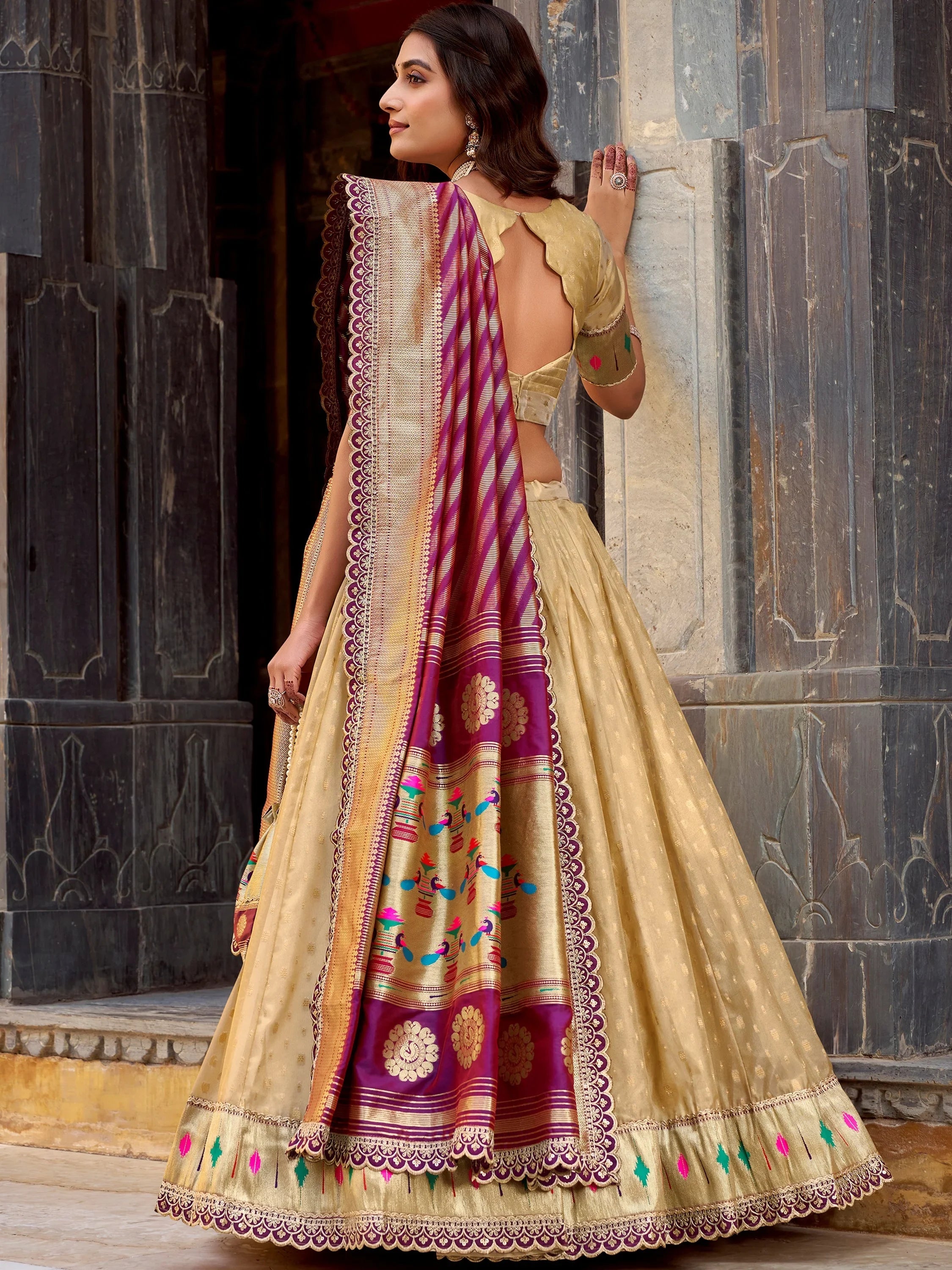 Cream Beautiful Zari Weaving Silk Traditional Lehenga Choli With Dupatta