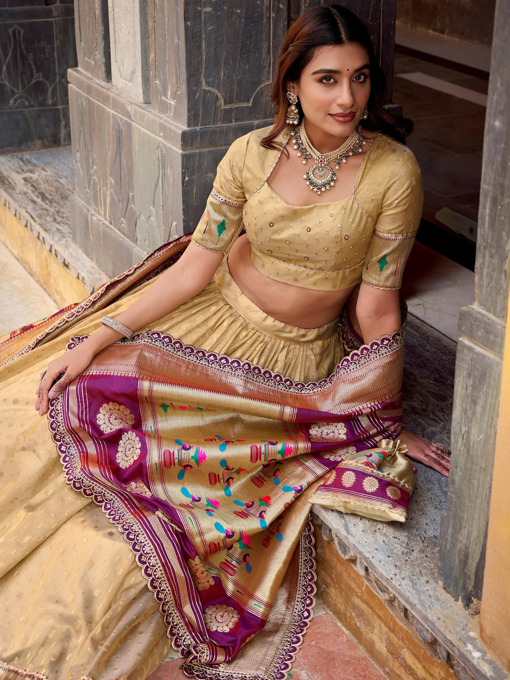 Cream Beautiful Zari Weaving Silk Traditional Lehenga Choli With Dupatta
