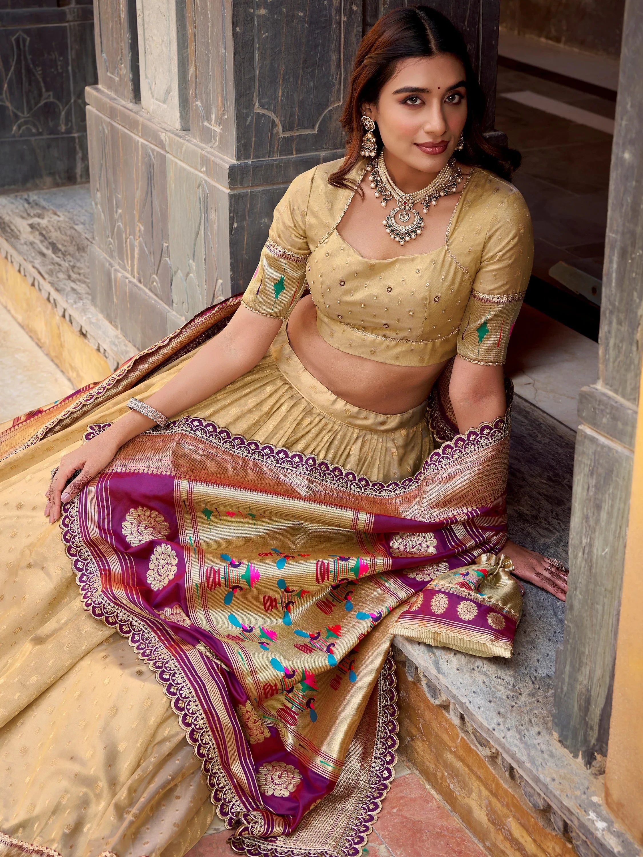 Cream Beautiful Zari Weaving Silk Traditional Lehenga Choli With Dupatta
