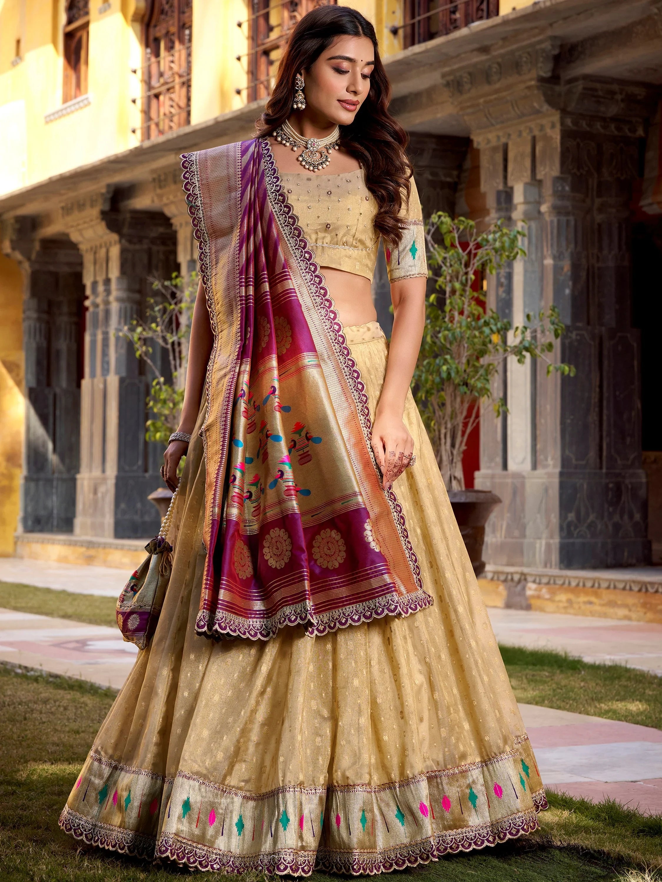 Cream Beautiful Zari Weaving Silk Traditional Lehenga Choli With Dupatta