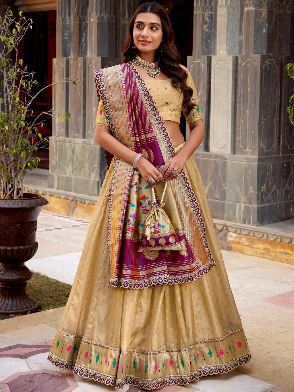 Cream Beautiful Zari Weaving Silk Traditional Lehenga Choli With Dupatta