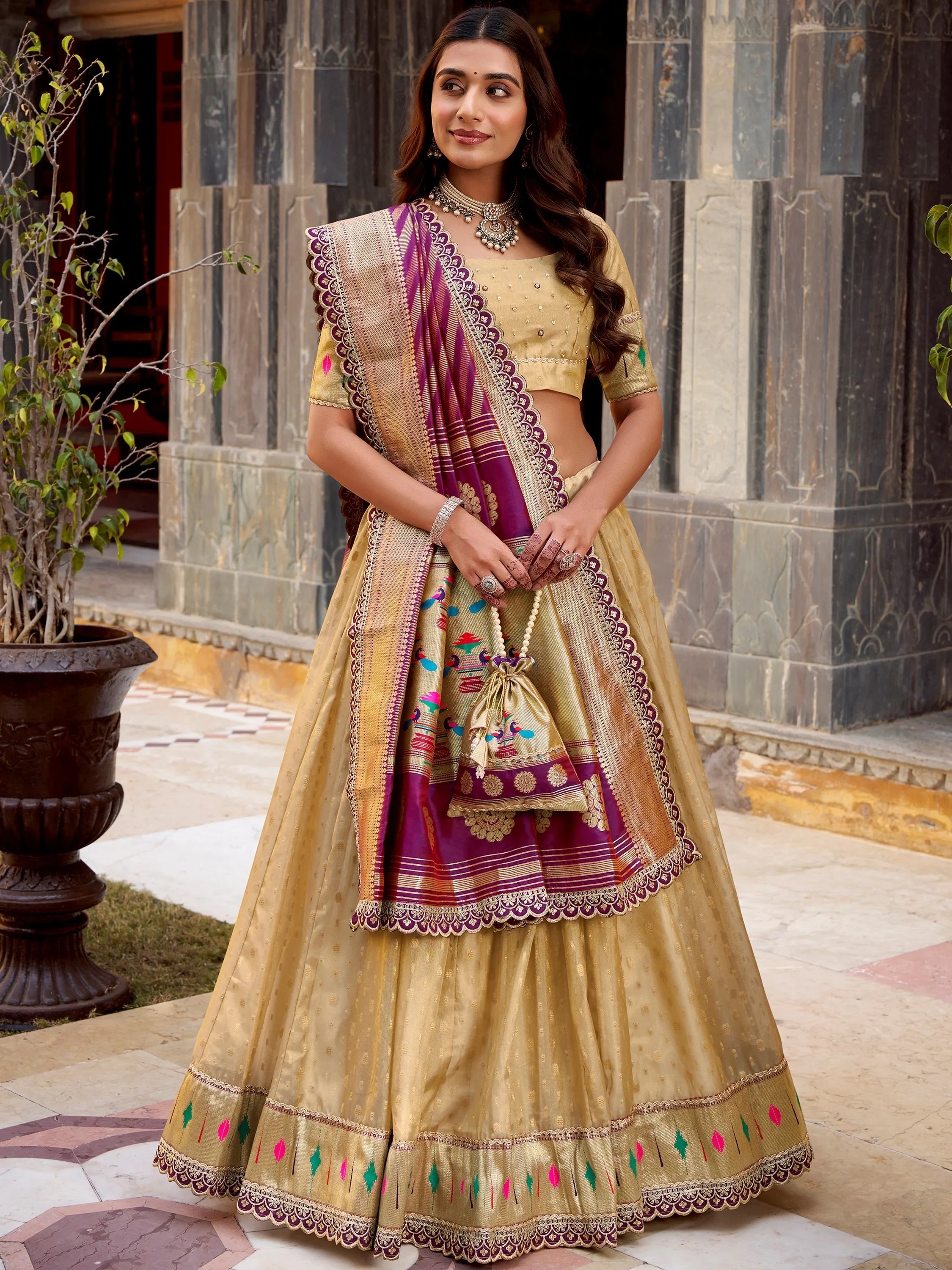 Cream Beautiful Zari Weaving Silk Traditional Lehenga Choli With Dupatta
