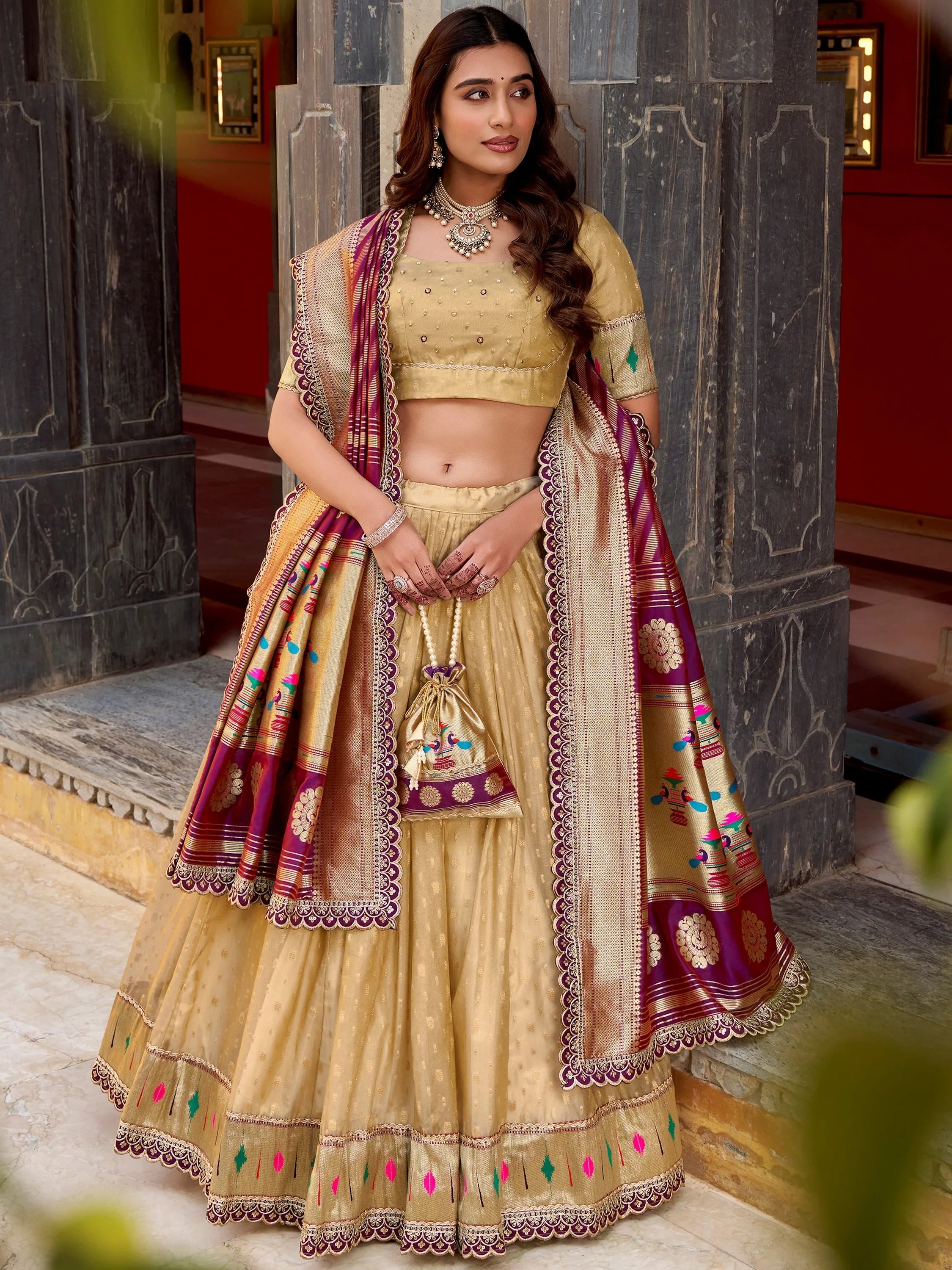 Cream Beautiful Zari Weaving Silk Traditional Lehenga Choli With Dupatta