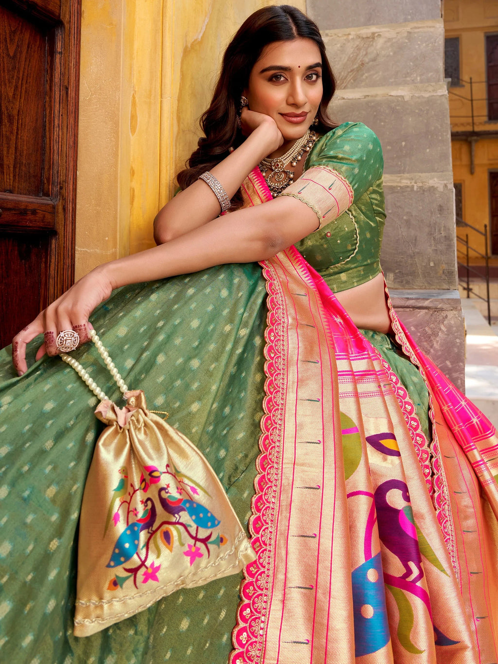 Green Beautiful Zari Weaving Silk Traditional Lehenga Choli With Dupatta