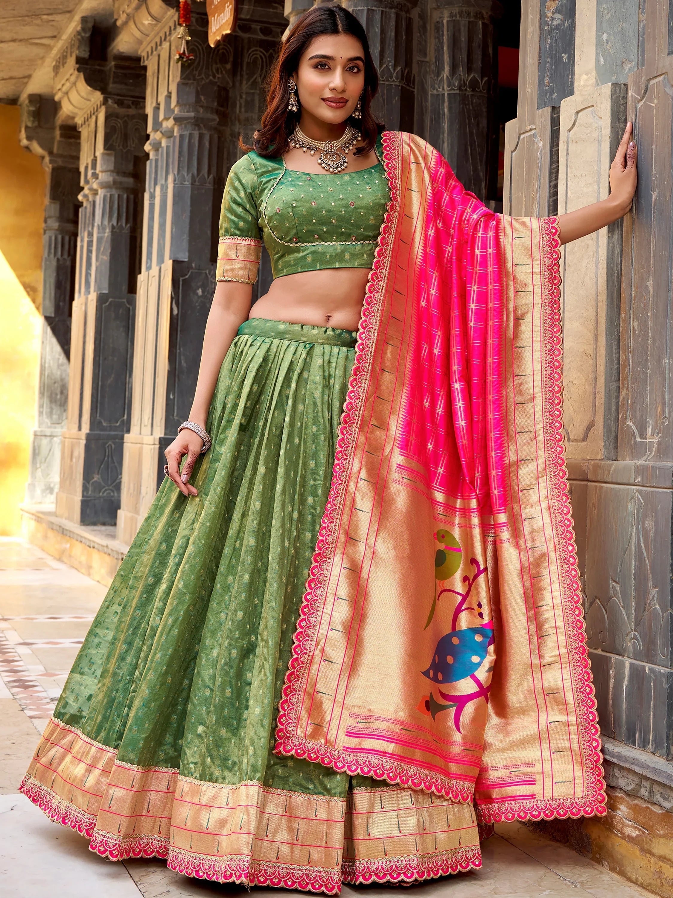 Green Beautiful Zari Weaving Silk Traditional Lehenga Choli With Dupatta