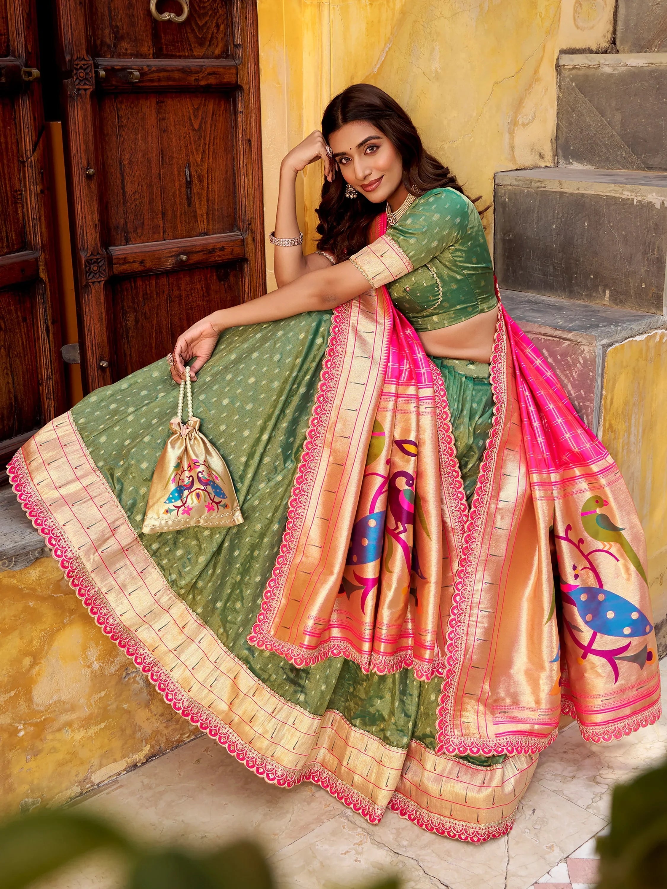 Green Beautiful Zari Weaving Silk Traditional Lehenga Choli With Dupatta