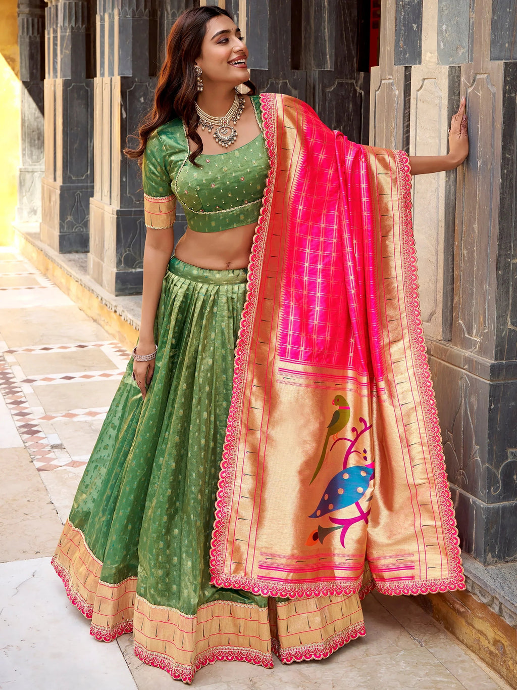 Green Beautiful Zari Weaving Silk Traditional Lehenga Choli With Dupatta