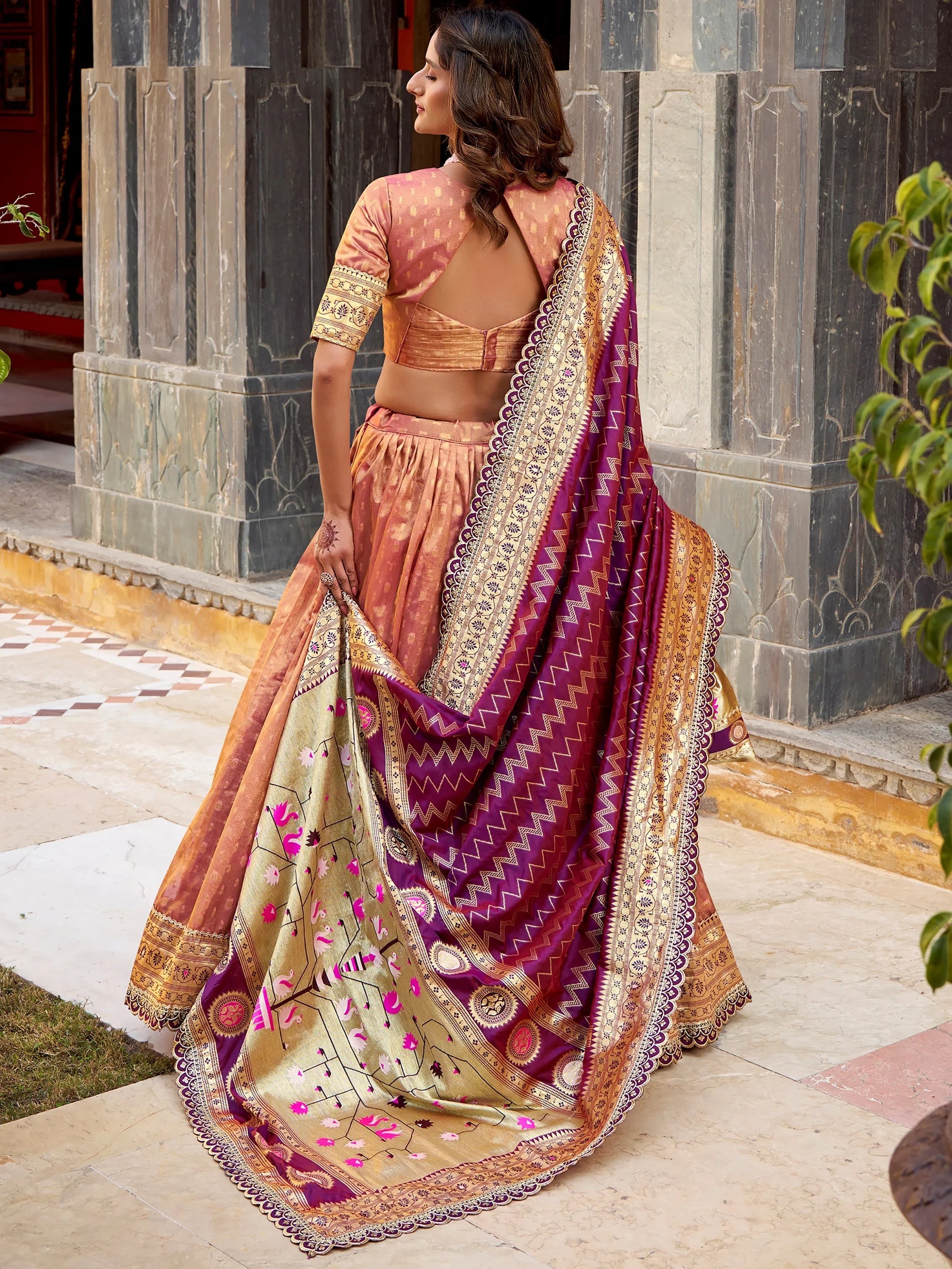 Peach Beautiful Zari Weaving Silk Traditional Lehenga Choli With Dupatta