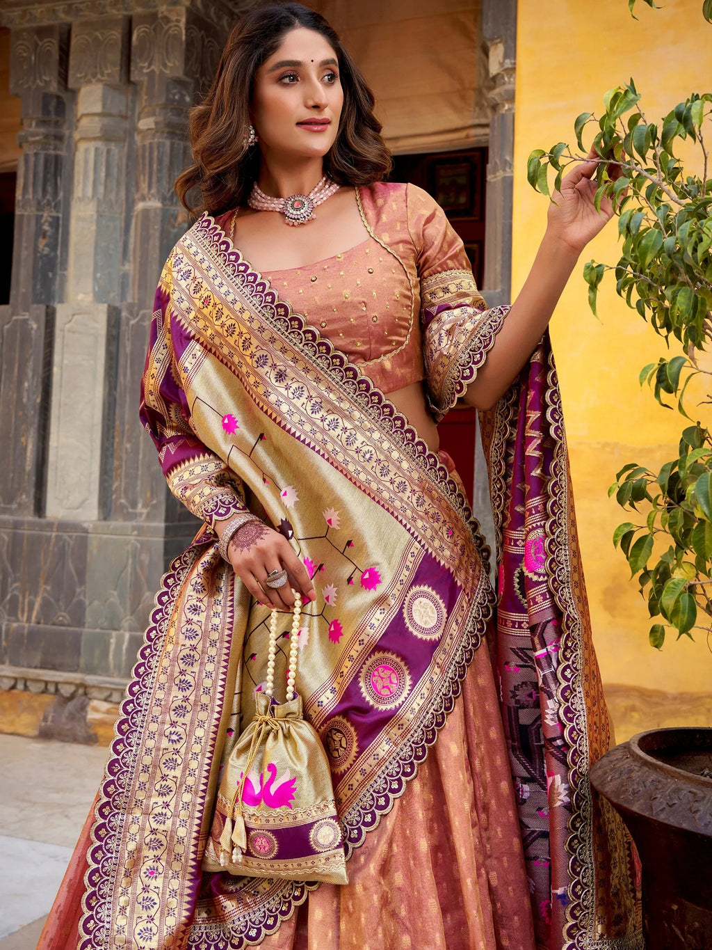 Peach Beautiful Zari Weaving Silk Traditional Lehenga Choli With Dupatta