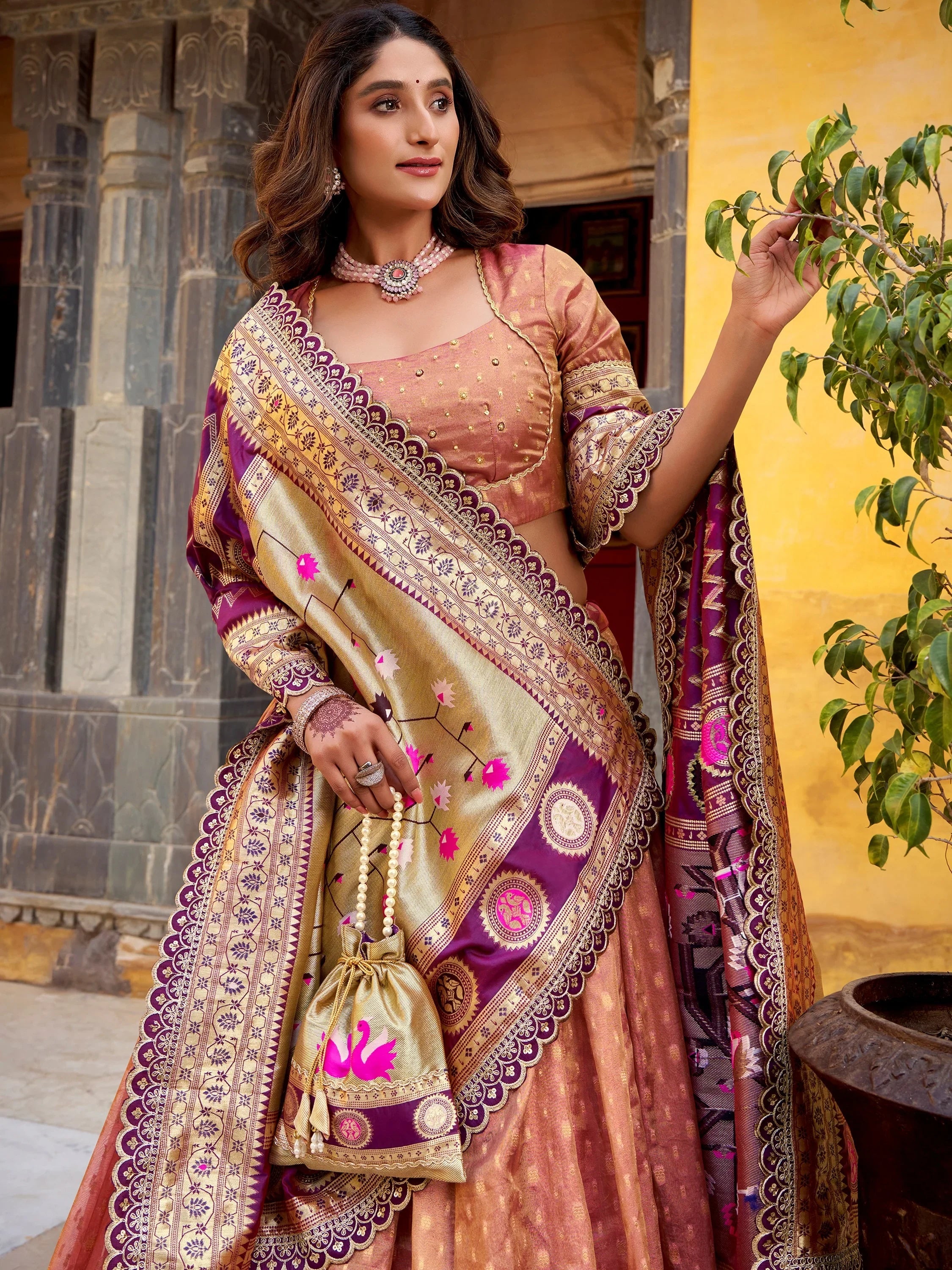 Peach Beautiful Zari Weaving Silk Traditional Lehenga Choli With Dupatta